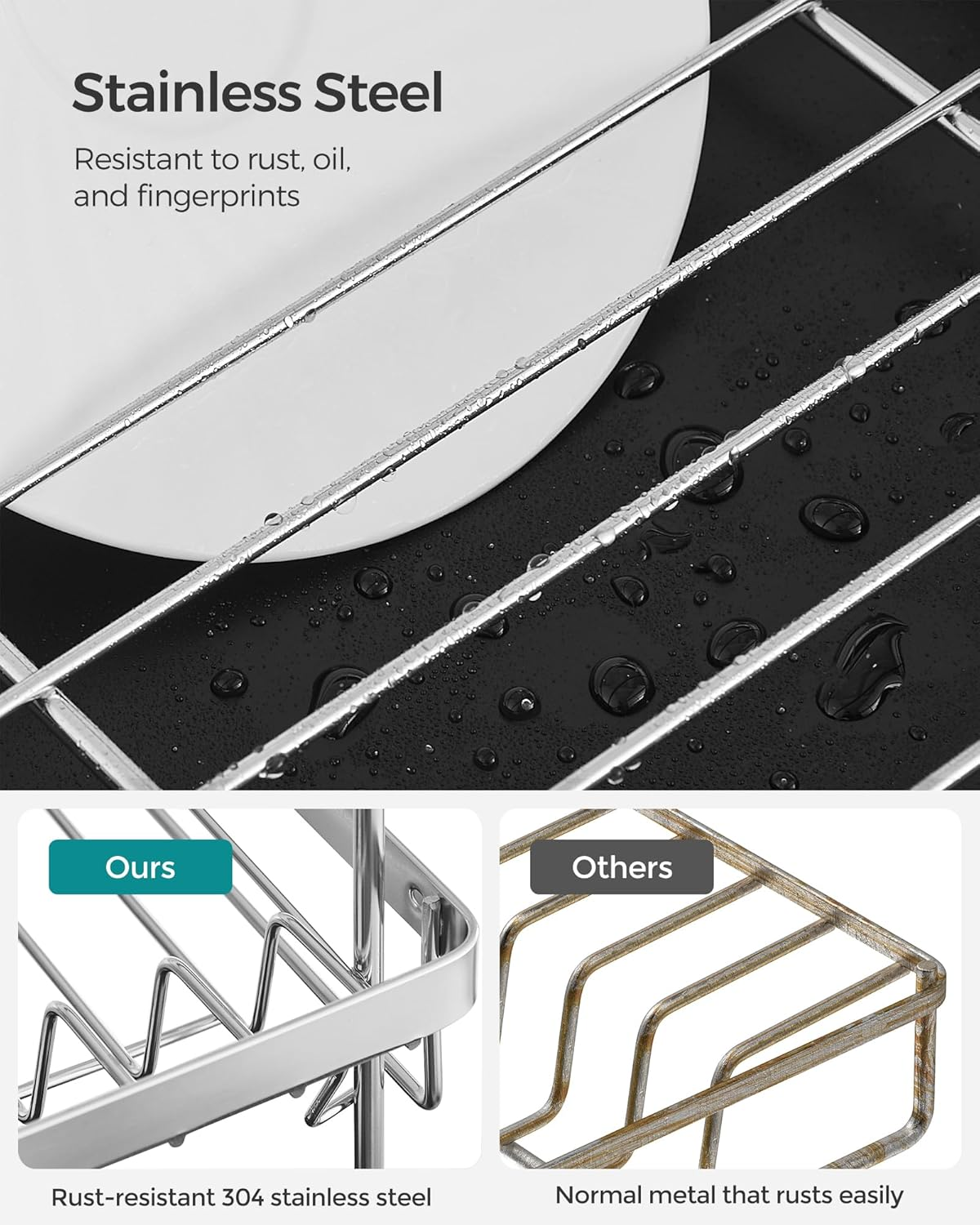 SONGMICS Dish Drying Rack - 2 Tier Dish Rack for Kitchen Counter with Rotatable and Extendable Drain Spout, Dish Drainer with Utensil, Cup, Glass, Cutting Board Holders, Black UKCS032B01 image number 6