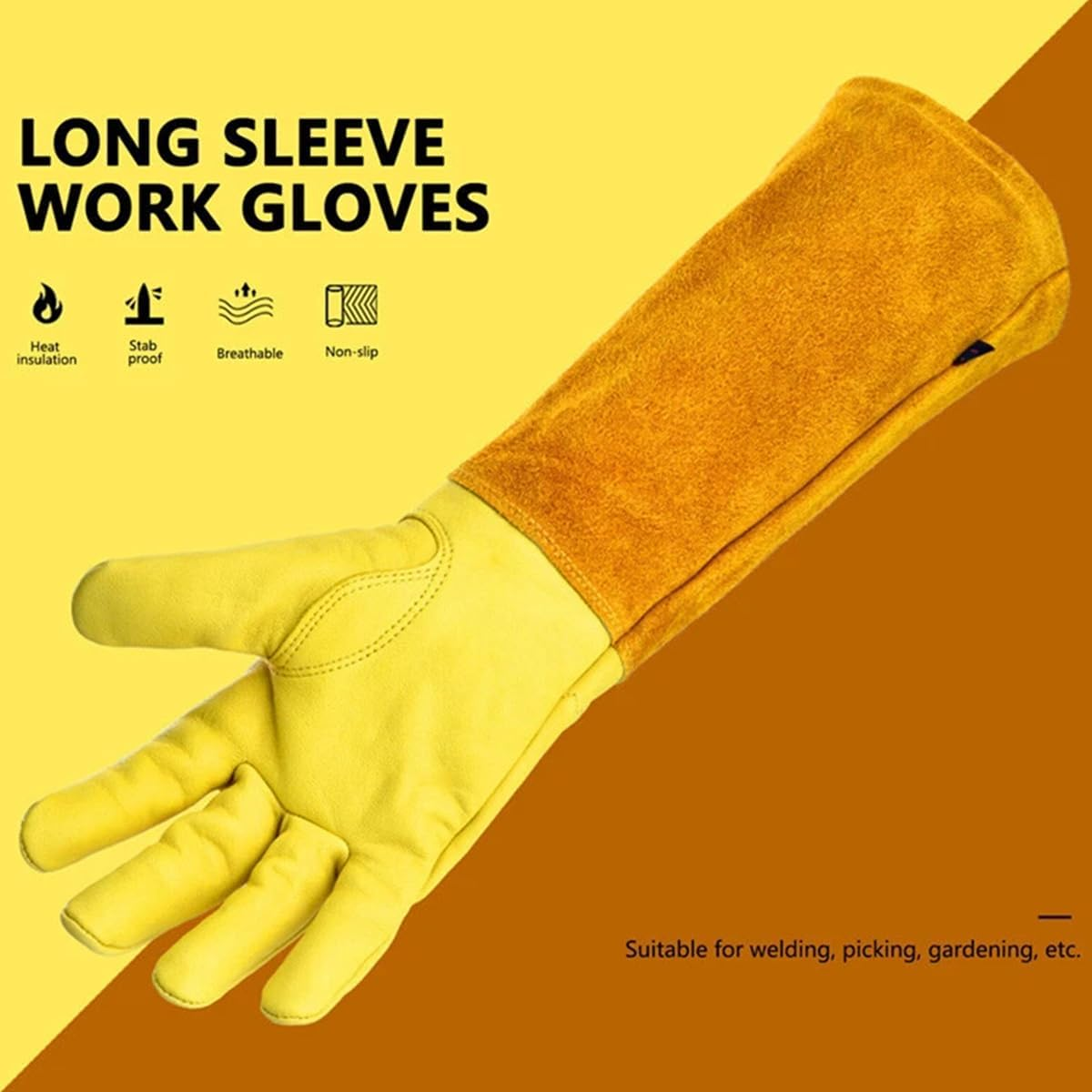 AIMALL Long Cowhide Gardening Gloves with Extended Cuffs, Heat Resistant Anti-Puncture Non-Slip Gloves for Pruning, Flower Arranging, Cattle Work, Size S&ndash;XL, Yellow image number 1