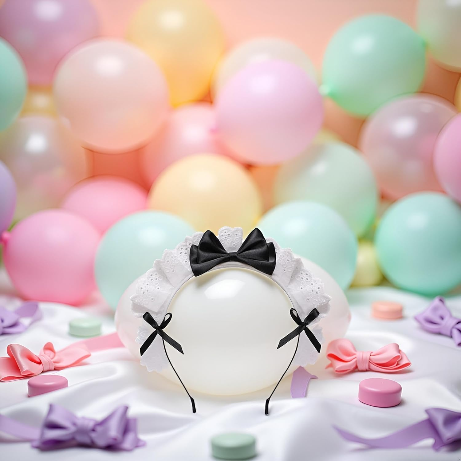 Black Women Girls Lolita Headband Lace Bow Hair Band Maid Anime Cosplay Headwear Ribbon Bowknot Cute Hair Band Party Hair Accessories Headbands image number 1