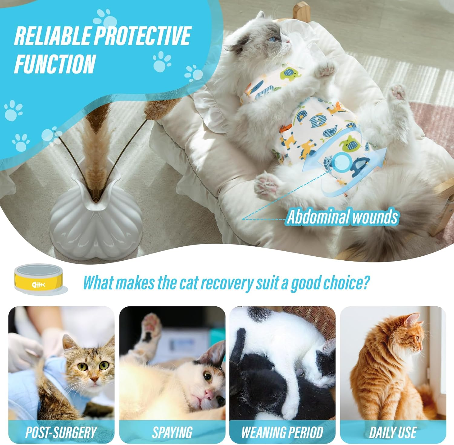 Viiotu Cat Recovery Suit Female, Kitten Onesie for Cats after Surgery, Breathable Soft Elastic Cat Clothes for Post-Surgery or Skin Diseases Protection,Cone of Shame Alternative (S, Blue Elephant) image number 3