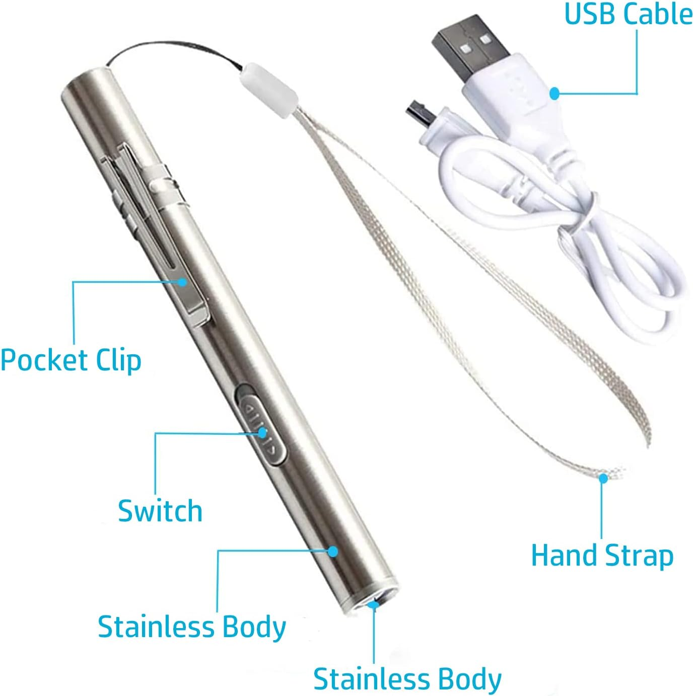 YUENTOEN Pen Light, Mini Pen Torch Light, Rechargeable LED Flashlight with USB Cable for Home Camping Outdoor and Emergency (Silver) image number 4