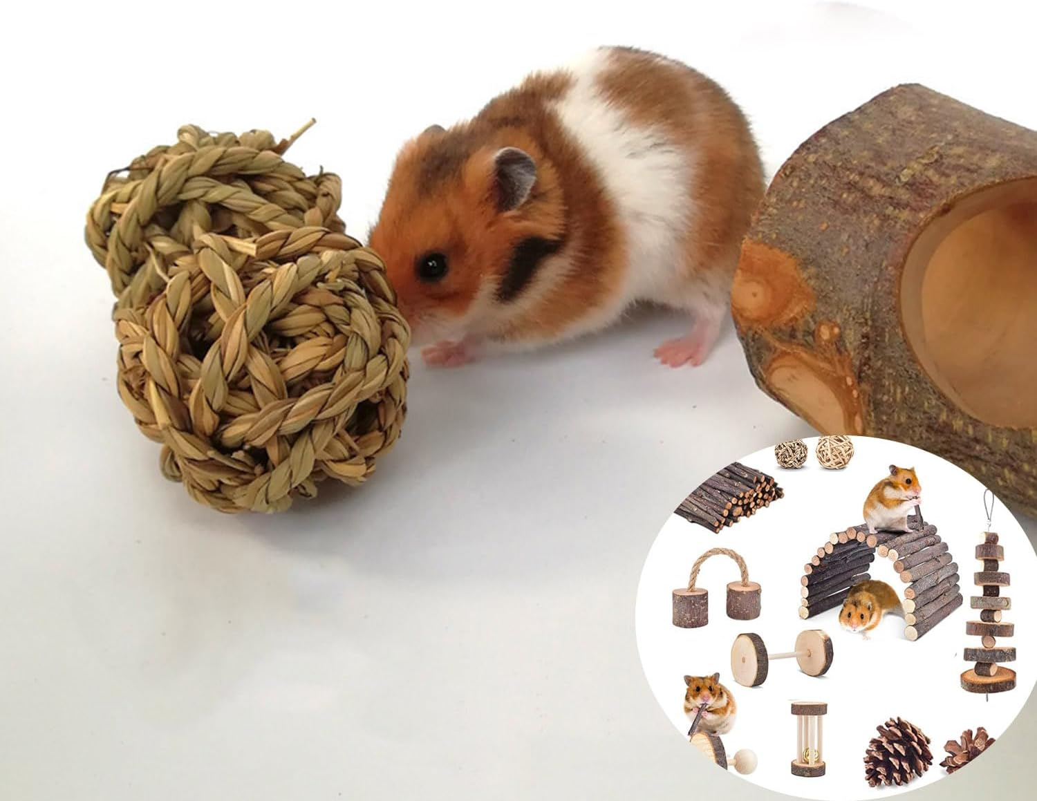 Roczential 11Pcs Hamster Toys Set Natural Wood Hamster Cage Accessories with 11-Pack Different Chew Toys Natural Molar Tools for Rabbit Guinea Pig Gerbil Chinchilla. image number 6