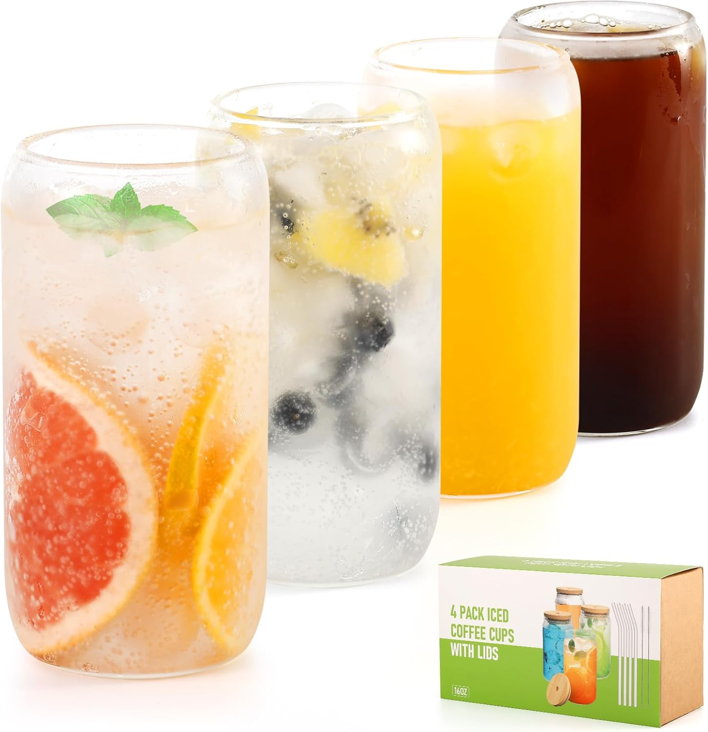 4 Set Glass Cups with Bamboo Lids and Straws, 16Oz Can Shaped Glass Cups, Iced Coffee Cup, Tumbler Cup Gift Set, Drinking Glassware, 2 Straws Brushes, 1 Cups Brushes image number 4