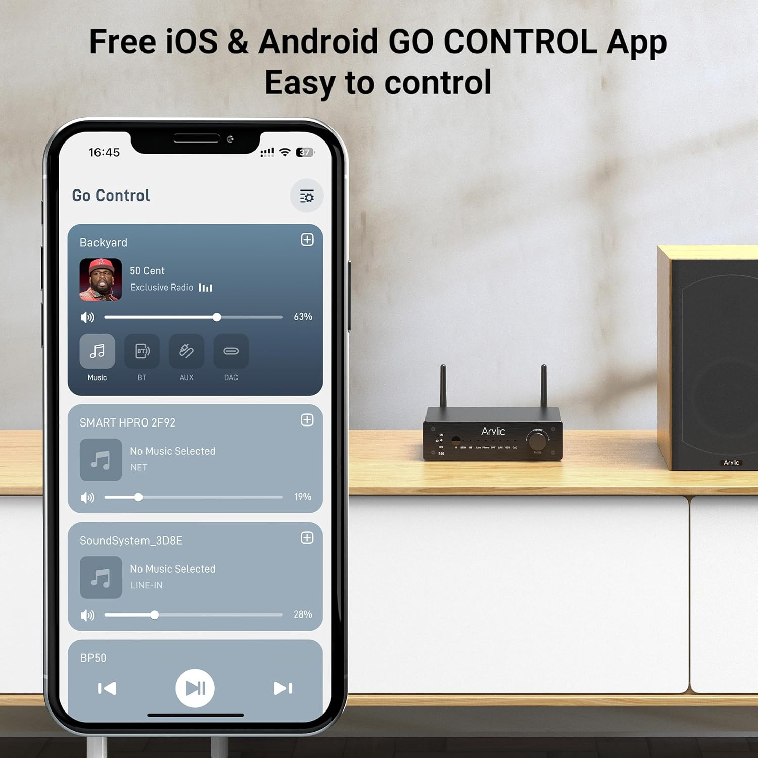 Arylic B50 2 Channel Bluetooth Amplifier with Audio Transmitter, 50W*2 Home Stereo Amplifiers with HDMI Arc,Dac,Phono in and Free APP. Support Aptx HD Music Transmission & Reception.