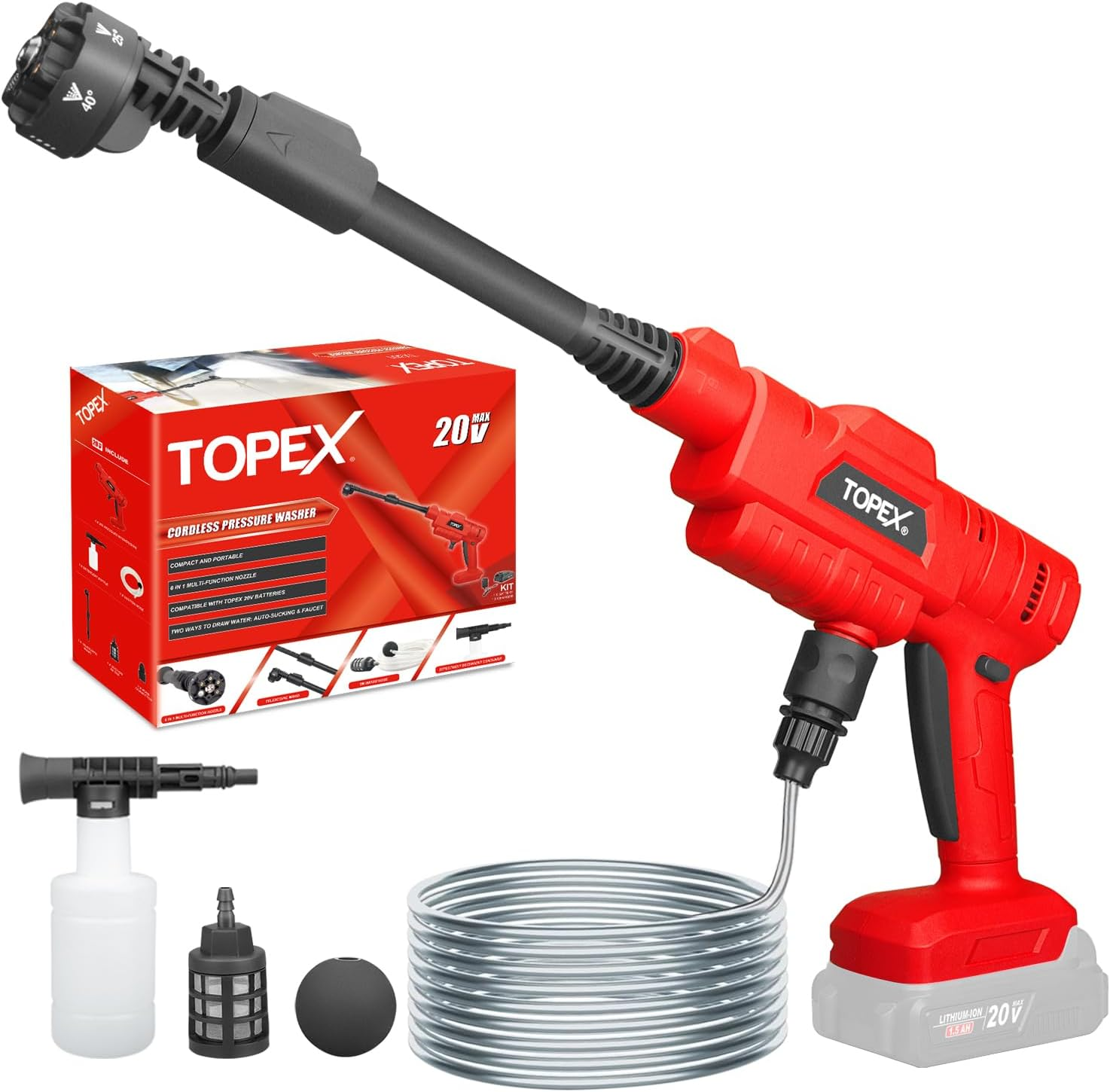 TOPEX 20V Cordless Pressure Washer Portable Power Washer Adjustable 6-In-1 Nozzle Handheld Power Cleaner for Washing Car/Home/Patios/Boats (Skin Only-Battery and Charger NOT Included) image number 1