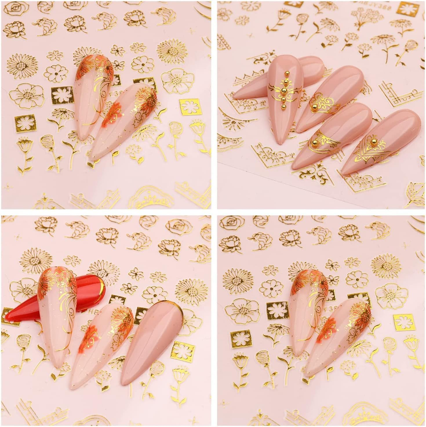 Flowers Nail Art Stickers Decal 3D Self-Adhesive Gold Flower Leaf Lace Nail Supplies Flower Nail Stickers Geometry Line Nail Designs for Women Girls Nail Art Decorations(Gold) image number 4