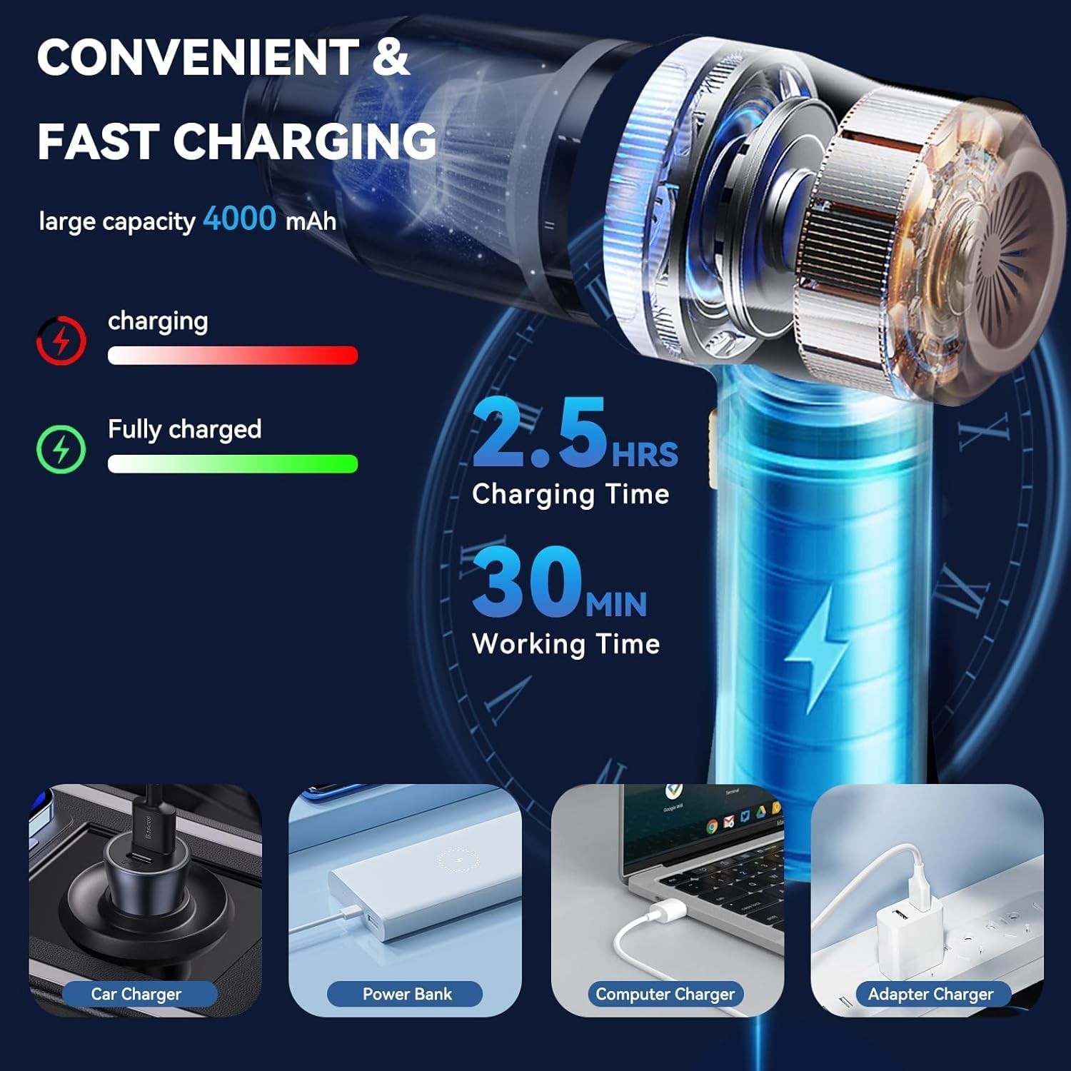 Handheld Car Vacuum Cleaner, 9000Pa Vacuum Cleaner and Air Duster, High Power Wet and Dry Handheld Car Vacuum Cleaner with LED Light and Multi-Nozzles for Car, Home, Office, Pet
