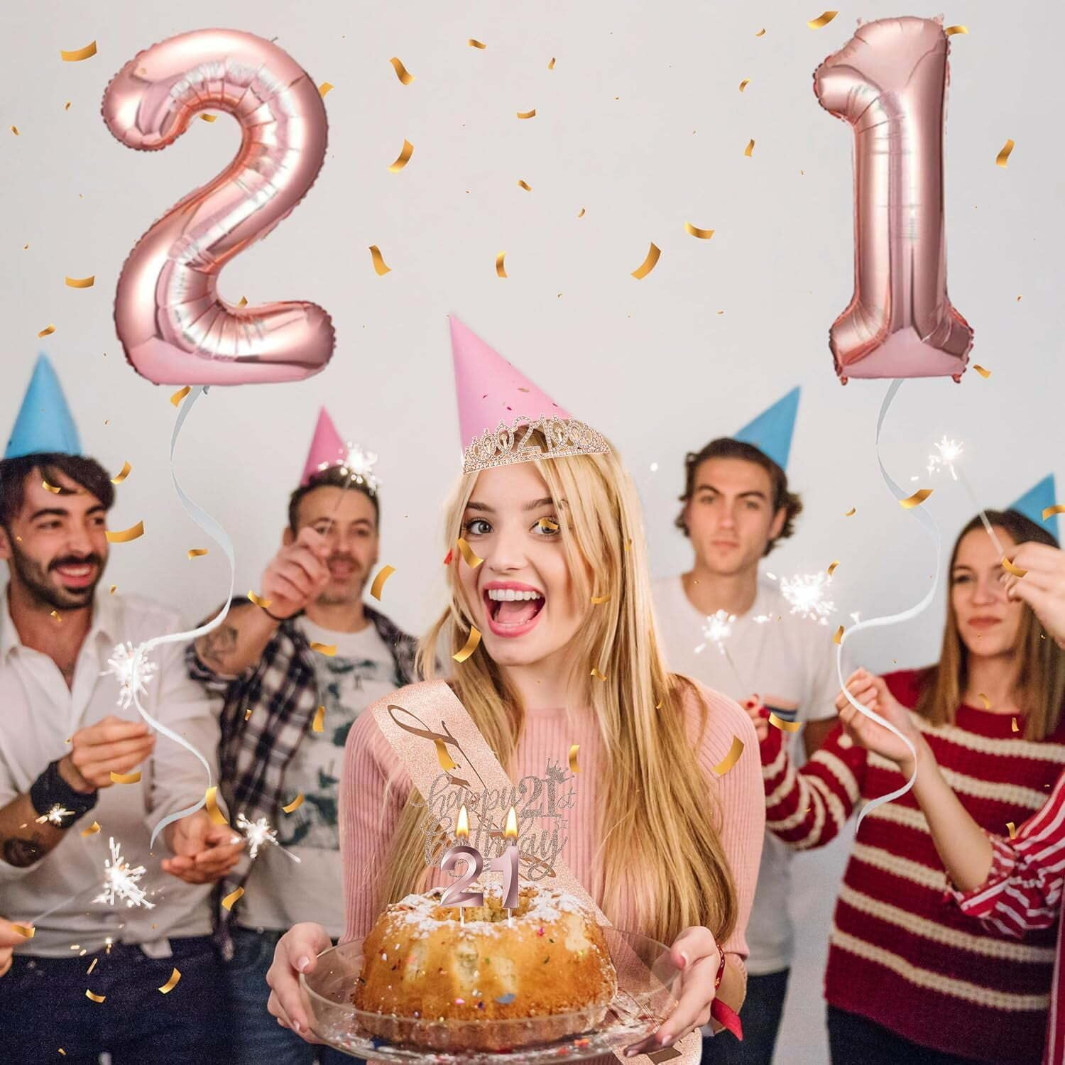 Birthday Party Favor Supplies for Women, Rose Gold Tiara & Sash, Pink, Adult, 21 image number 4