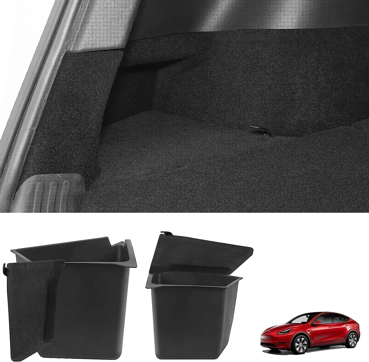 2022-2024 Tesla Model Y Trunk Organizer Waterproof Rear Trunk Storage Bins Side Box with Carpeted Lip Interior Accessories Set of 2 for Model Y 5-Seater BOOT BAGS (Newest Version) image number 2