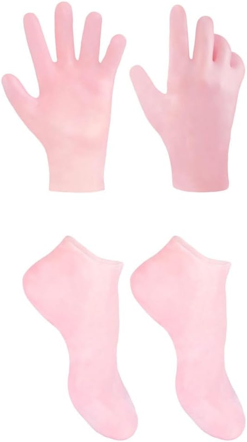 Baluue 2 Pairs Silicone Moisturizing Glove Socks Set, Silicone Gel Glove and Sock Reusable and Washablesilicone Gel Spa Socks Foot and Hand Care after Pedicure Pink