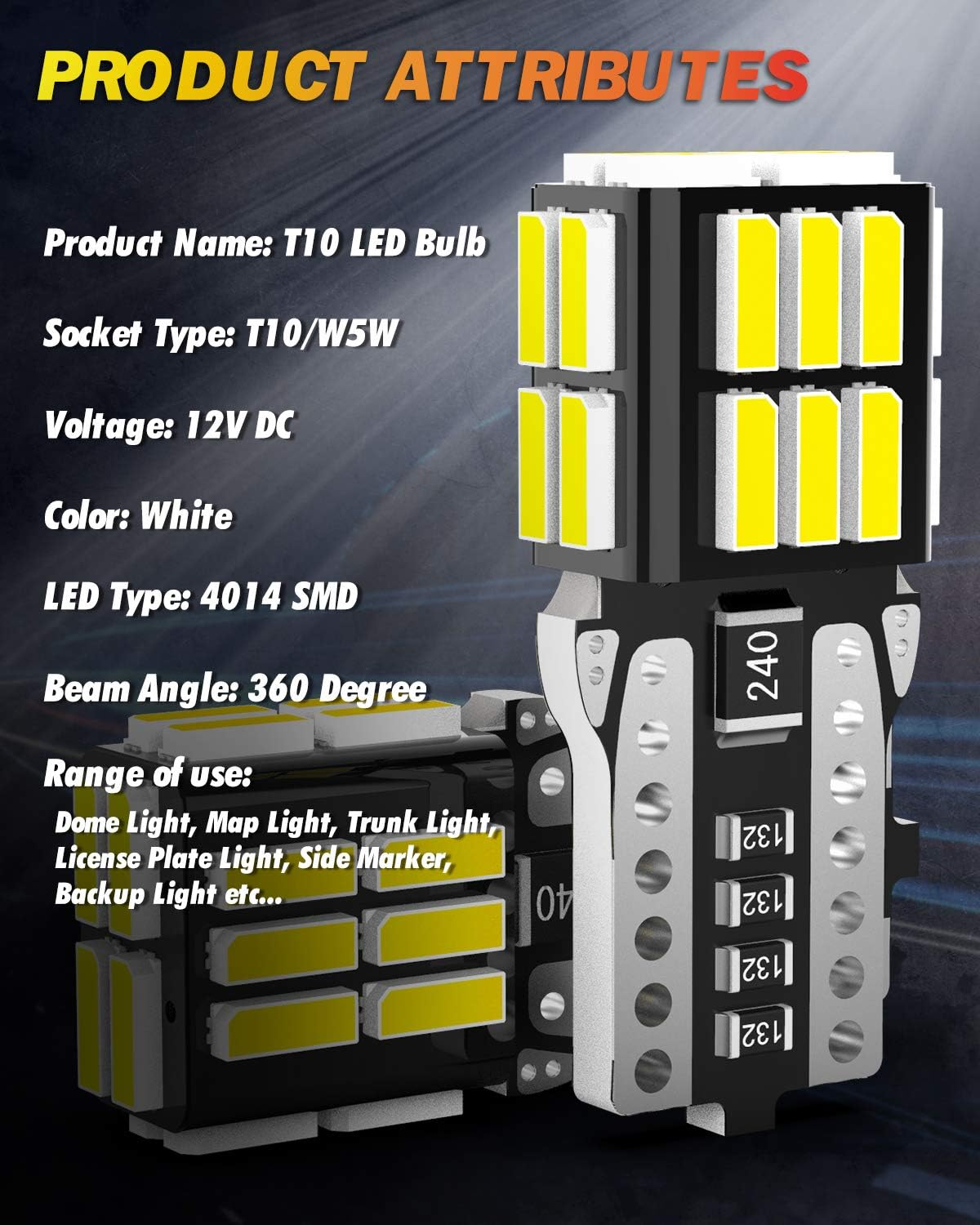 W5W T10 501 LED Bulb, OUSHI Canbus Error Free 194 168 2825 12V 6500K Xenon White Replacement for Car Interior Side Dome Number Plate Parking Reserve Light(Pack of 10) image number 3