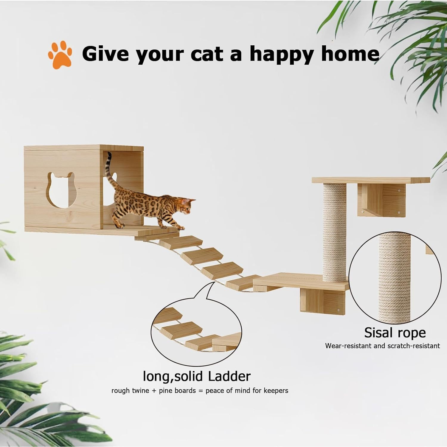 Cat Wall Shelves Set of 9 &ndash; Modern Wall-Mounted Climber with House, Steps & Scratcher &ndash; Furniture for Large Indoor Cats &ndash; Natural Wood image number 5