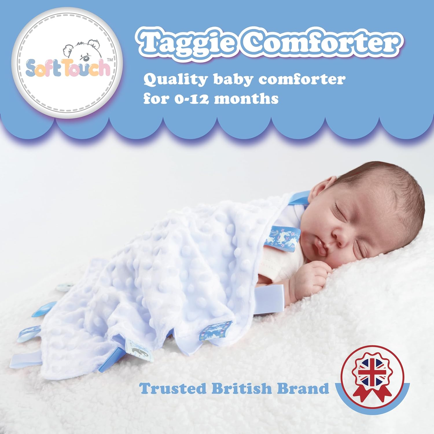 Soft Touch Taggie Dimple Comforter Baby Comfort Blanket with Sensory Tags and Bubble/Heart/Star/Foil Print Pattern (Dimple) (Pink, 35Cm X 35Cm) image number 4