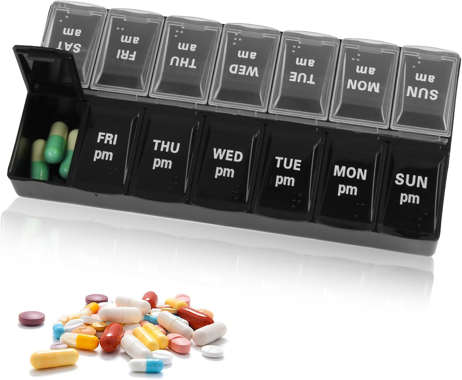 Bushhaven Pill Organiser Box - Weekly 7-Day AM/PM Pill Case with 14 Removable Compartments for Vitamins, Fish Oil, Supplements & Medication | Portable Travel Pill Organiser Box (Black) image number 3