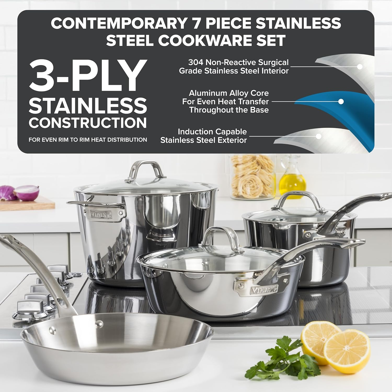 Viking Culinary Contemporary 3-Ply Stainless Steel Cookware Set, 7 Piece, Includes Glass Lids, Pots & Pans, Dishwasher, Oven Safe, Works on All Cooktops Including Induction image number 2