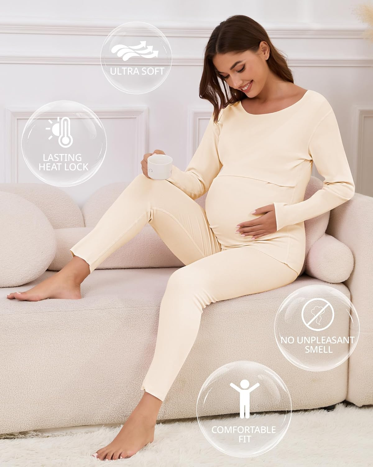 Patelai 2 Pack Thermal Nursing Underwear for Women Maternity Pajama Set Breastfeeding Sleepwear Fleece Lined Pregnancy Set image number 5