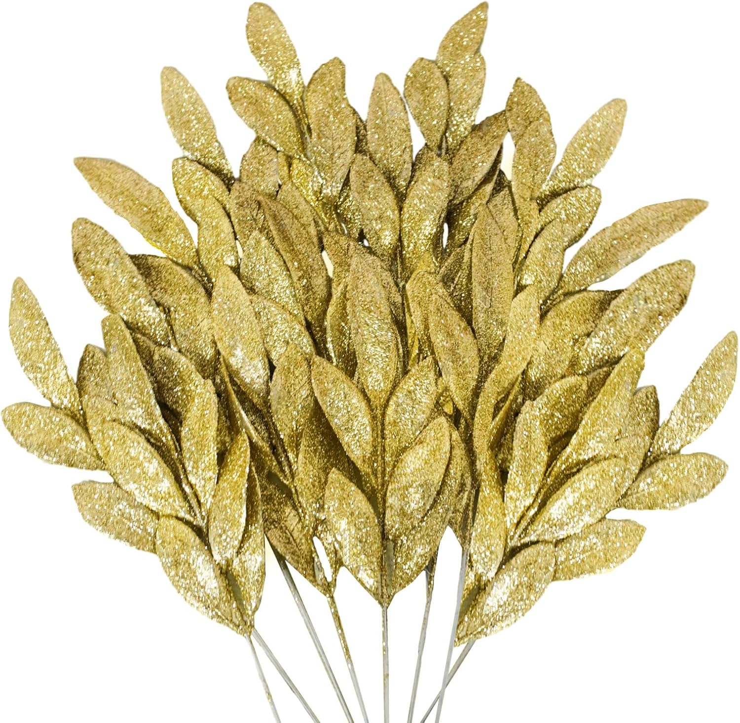 24 Pcs Artificial Glitter Gold Leaves, 13" Glittered Christmas Gold Flowers Leaf Sprays for Christmas Tree Picks, Wreaths, Table Decorations