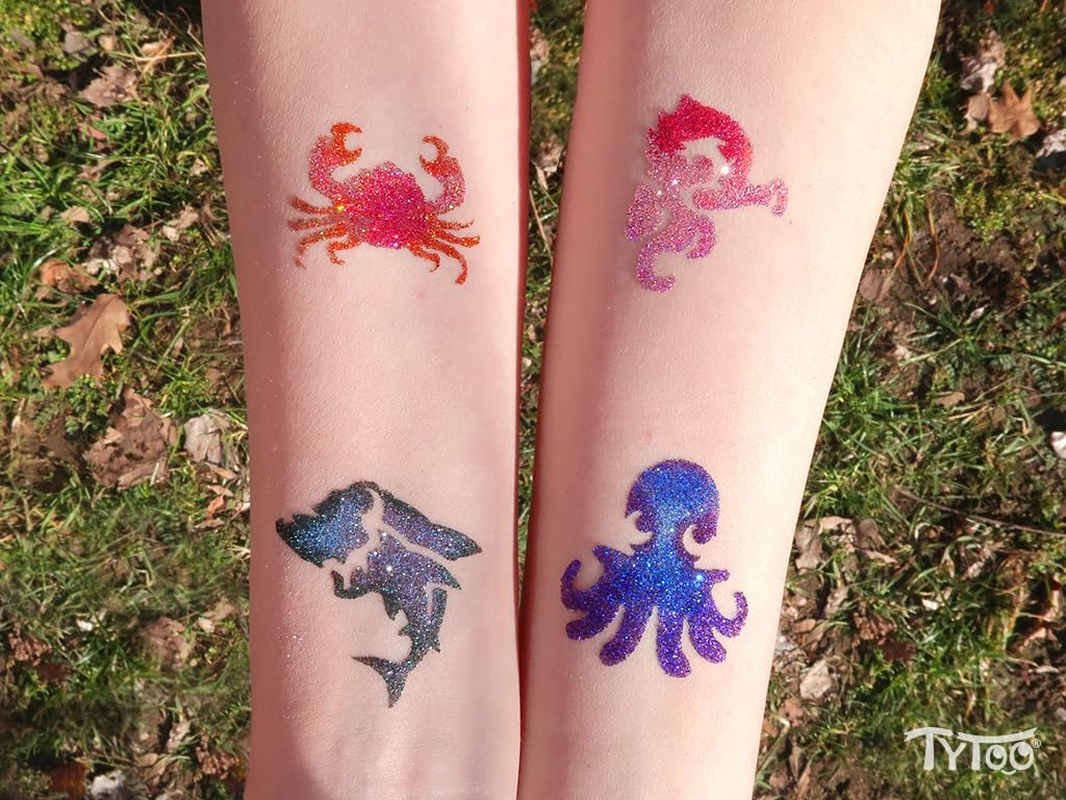 Tytoo Glitter Tattoo Stencil Set - Reusable Templates for Children & Adults - EU Design, Skin-Friendly, Perfect for Parties, Children'S Make-Up & Body Painting (Sea Animals) image number 6