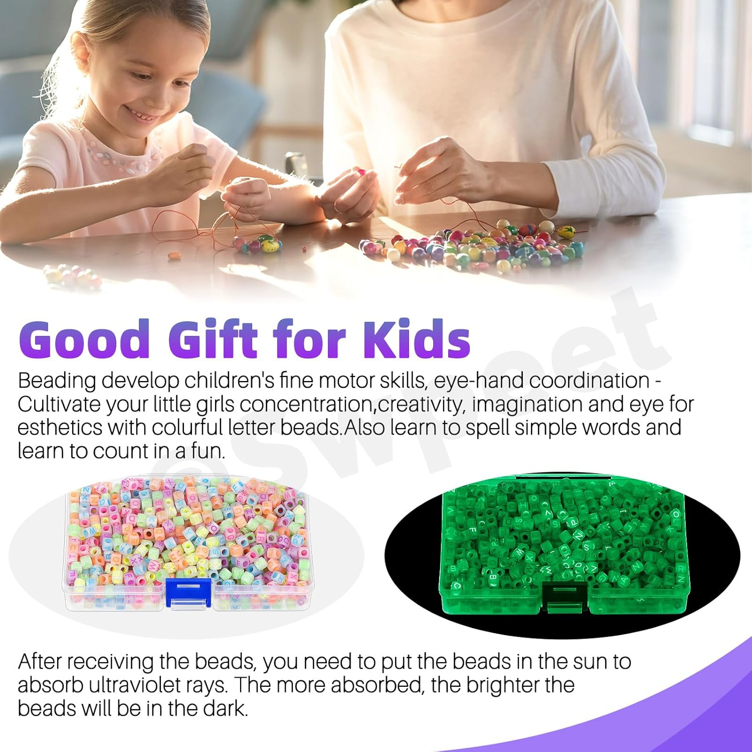 Swpeet 1002Pcs Glow Letter Beads A-Z Colorful Alphabet Beads with Stretch Bead Cord and Scissors, Glow in the Dark Cube Beads for Jewelry Making DIY Bracelets, Necklaces, Keychain image number 2