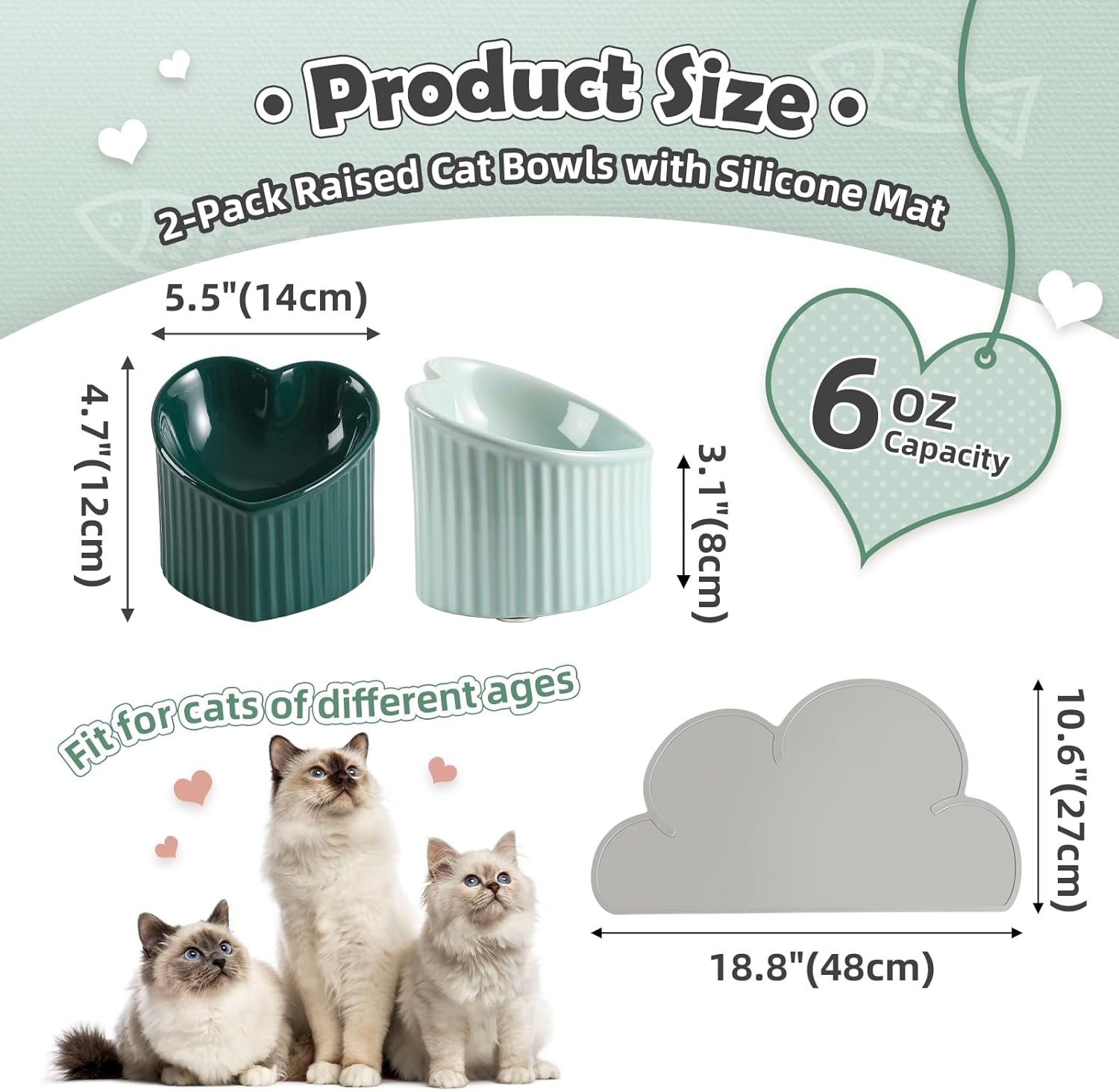 Elevated Cat Food Bowl Set - Double Tilted Bowls with Non Slip Mat - Raised Ceramic Bowls - Whisker Friendly - Tall Dishes - Green & Dark Green image number 5
