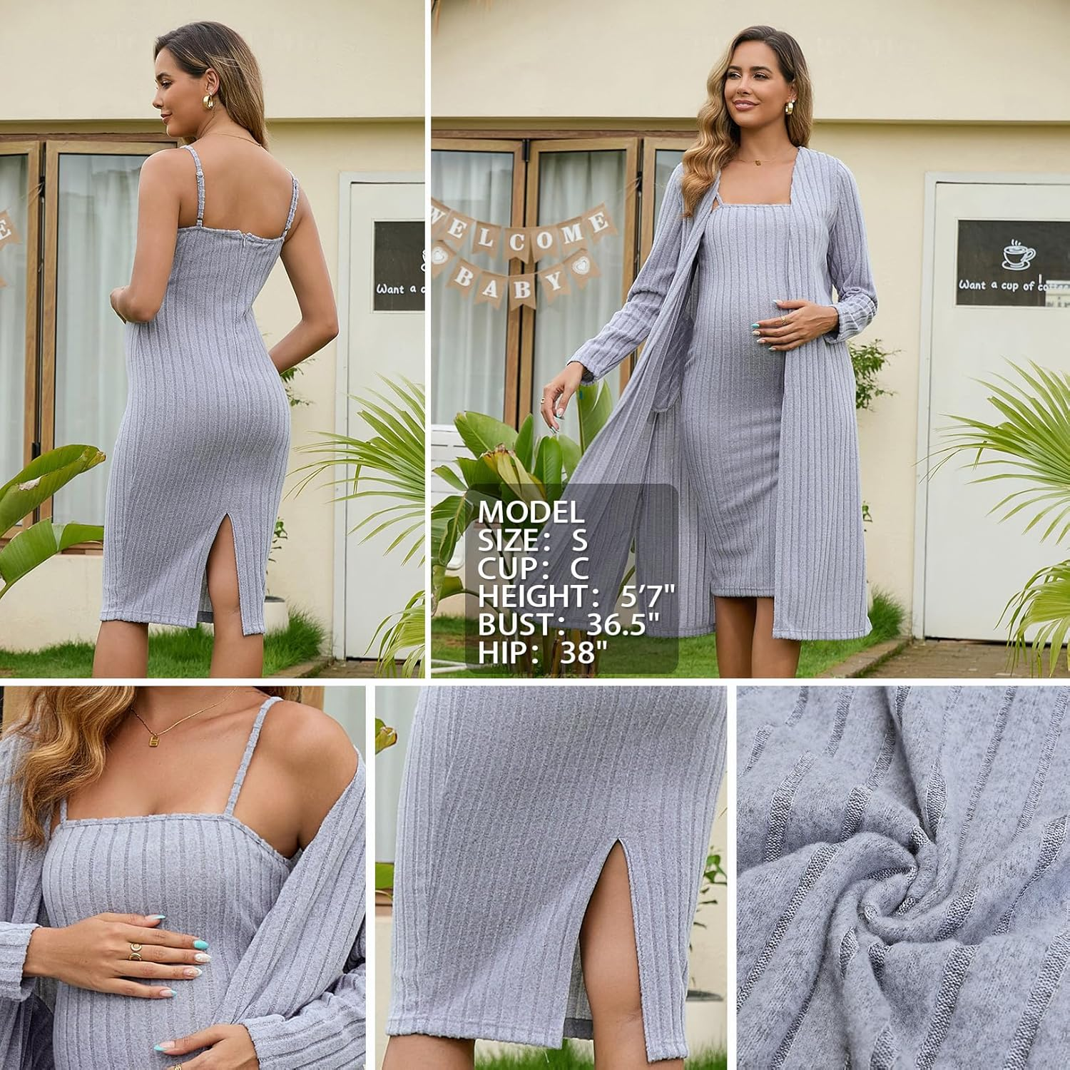 DEBELLY Maternity 2 Piece Set Knee Length Bodycon Dress with Transparent Straps Long Sleeve Cardigan for Baby Shower Winter image number 3