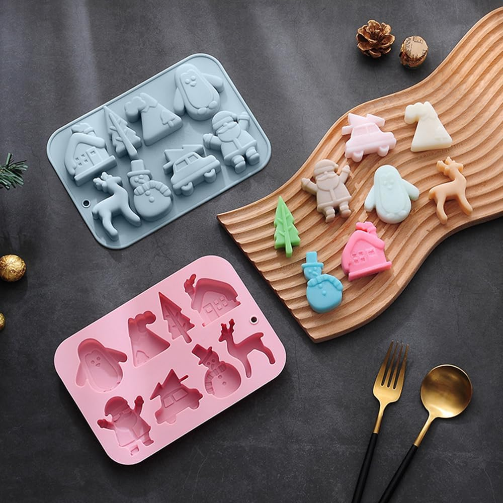 Christmas Silicone Chocolate Mold, 2 PCS Candy Baking Mold, 3D Snowflake Snowman Christmas Tree Elk Santa Claus Gift Box Shape Mold DIY Handmade Soap Candle Jelly Fudge image number 4