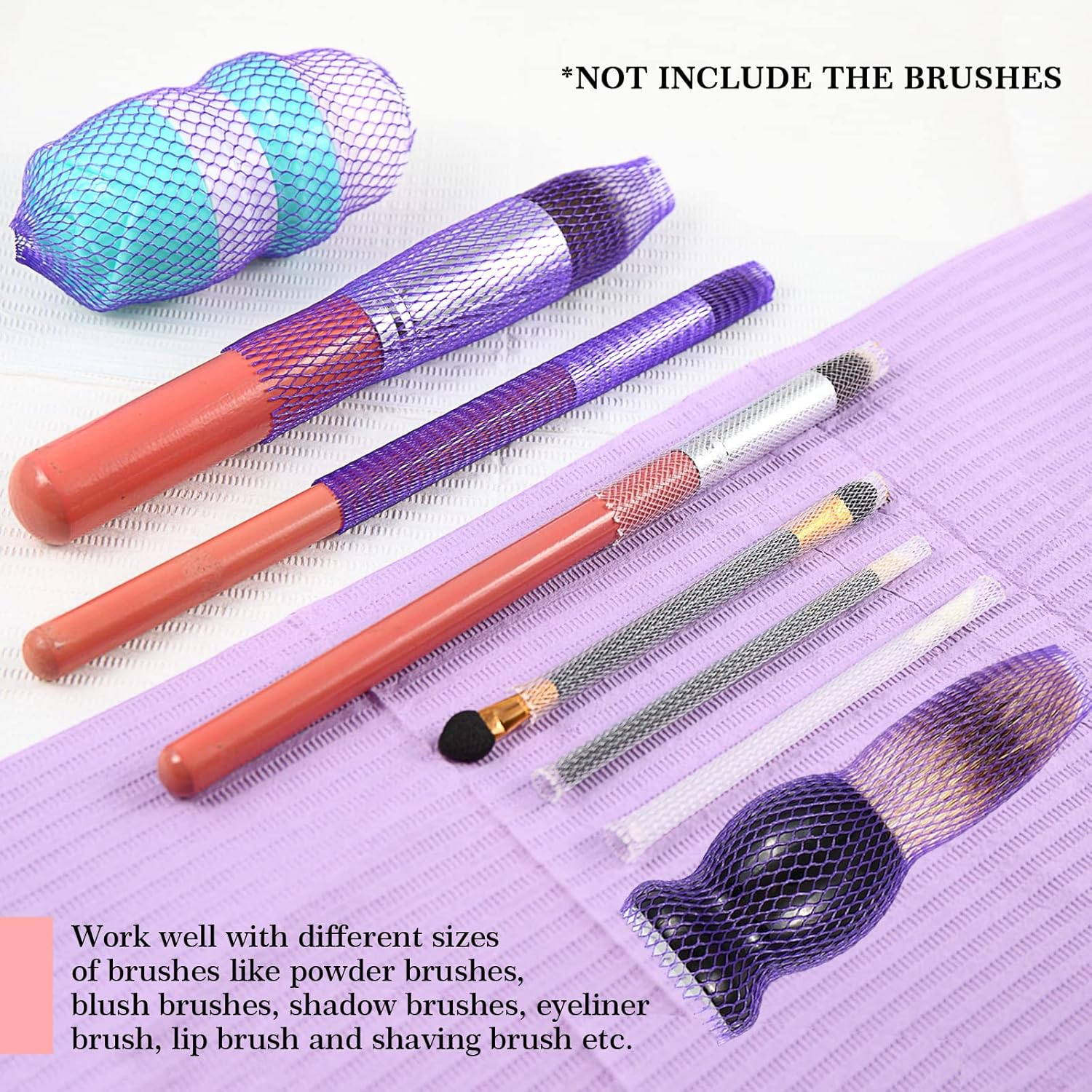 100Pcs Makeup Brush Protector Cosmetic Makeup Brush Pen Guard Expandable Mesh Sleeve Covers Set Storage Small Medium Large Sizes Brushes for Travel (Purple and White) image number 3