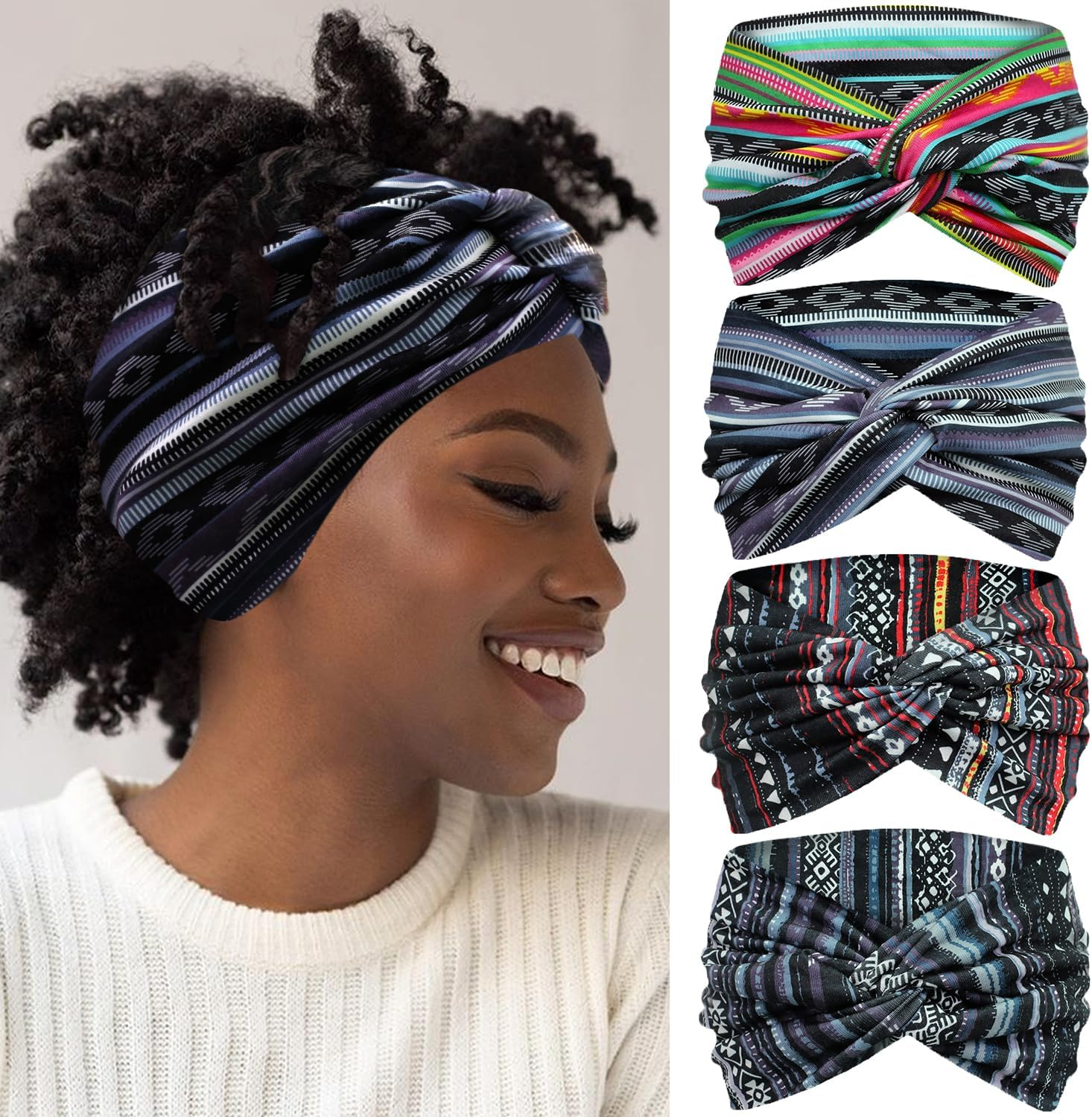 IVARYSS Extra Wide Headbands for Women Non-Slip, 7'' Large Twist Knotted Stretchy Wraps Head Bands Hair Accessories, 4 Pack, Black