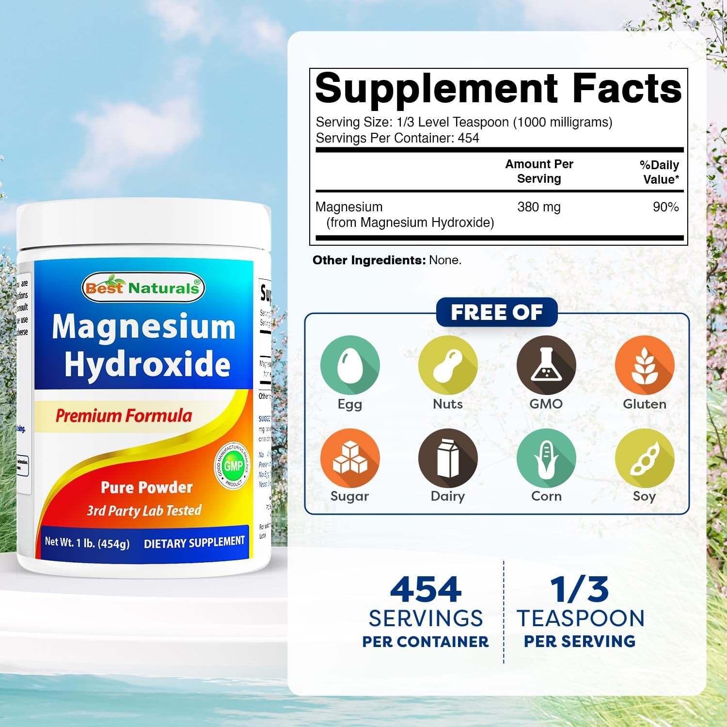 Best Naturals Magnesium Hydroxide Powder - 380Mg of Elemental Magnesium per Serving - 454 Servings per Cotainer - 1 Pound image number 2
