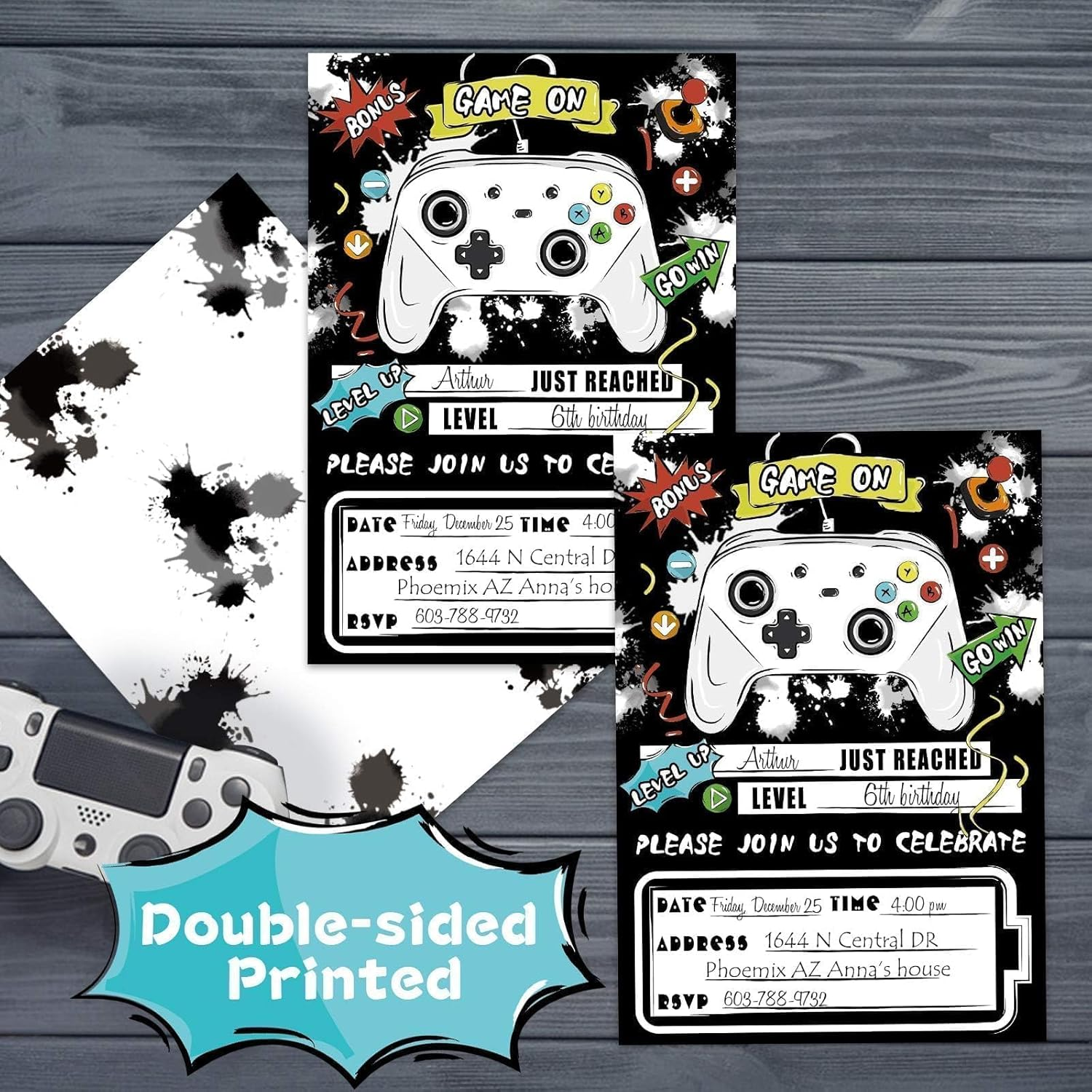 WERNNSAI Watercolor Video Game Party Invites - 20 Set Fill-In Invitations with Envelopes for Boys Game Theme Birthday Party Supplies Double-Sided Printed Invitation Cards image number 1