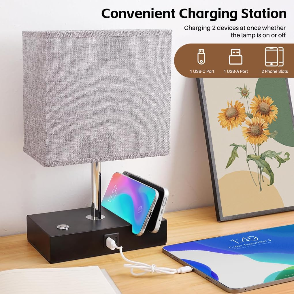 Clora Bedside Lamp with USB A+C Charging Ports, Dimmable Table Lamp with 2 Phone Stands and Fabric Shade 6W LED Bulb Included Nighstand Light for Living Room Bedroom Home Office Dorm Gift image number 6