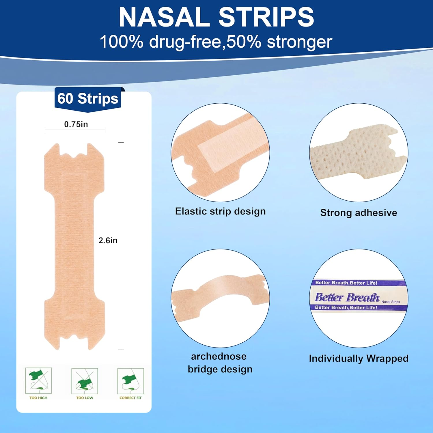 Nasal Strips for Snoring - Nose Strips for Breathing (60 Count), Sports & Sleep Anti-Snoring Device, Relieves Nasal Congestion, Reduces Snoring image number 1