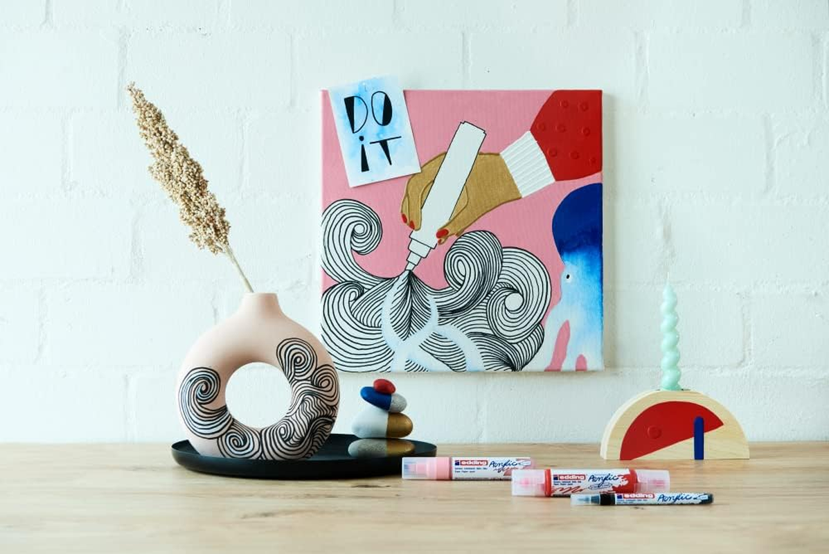 Edding 5300 Acrylic Marker Fine - Gold - 1 Waterproof Acrylic Paint Marker - Fine round Nib 1-2Mm - Acrylic Paint Pen for Drawing on Canvas, Art Paper and Wood - Acrylic Markers for Pebbles - 01: 1 Pen - Traffic White Matt image number 2