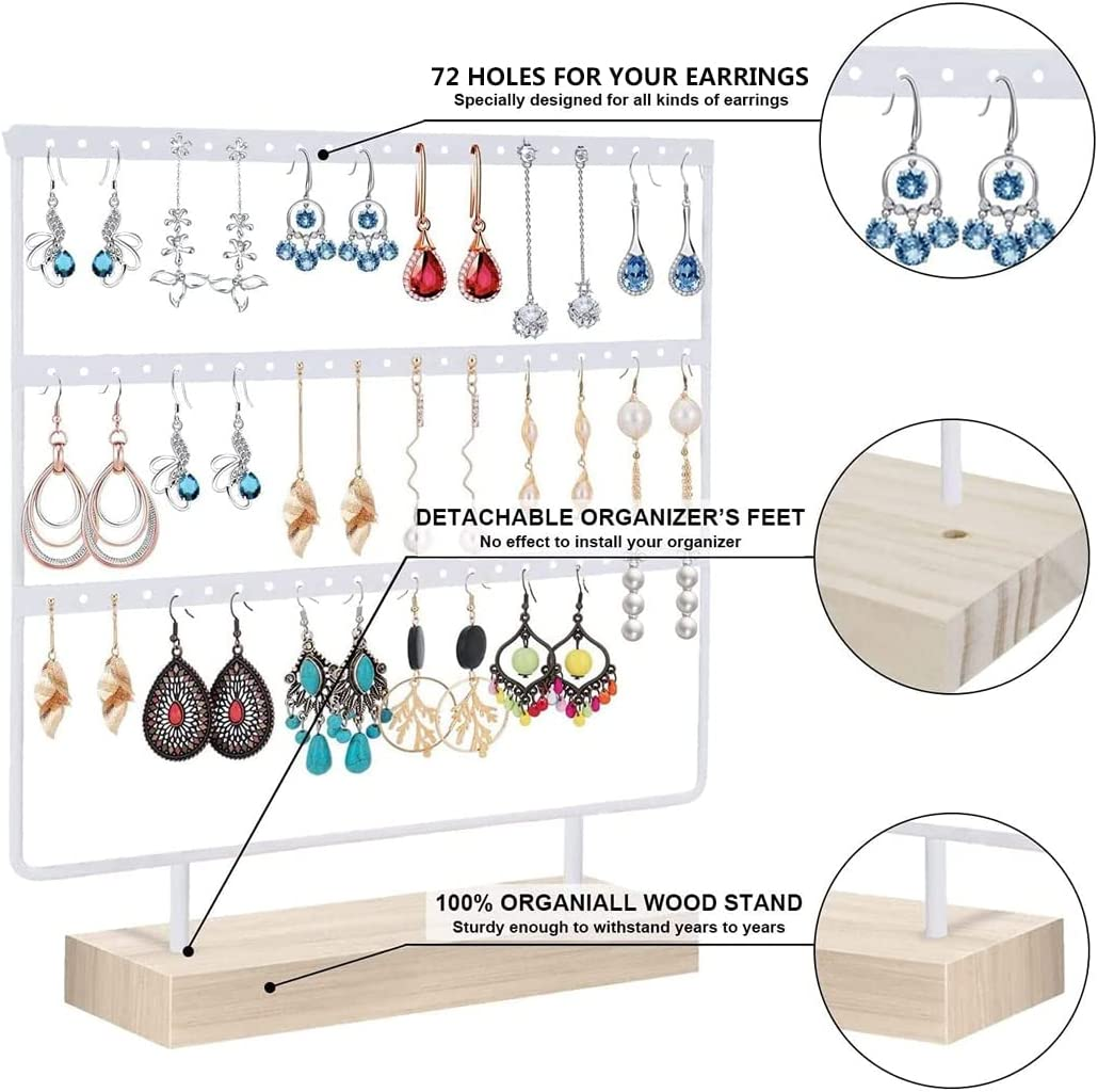 Earring Holder Jewelry Display Stands, 3-Tier 72 Holes Earring Organizer Stand Jewelry Holder Organizer Wooden Base Women'S Jewelry Tower Home and Office Decor for Hanging Earrings (Black) - White image number 4