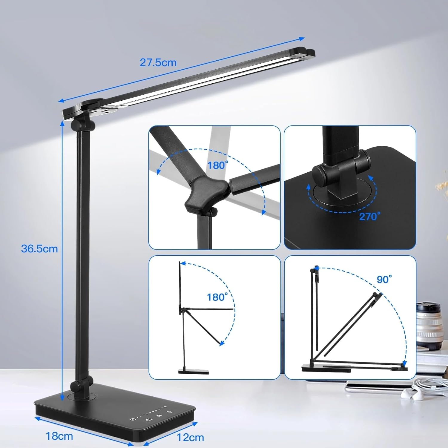 Desk Lamp for Home Office - LED Lamp with USB Port,Eye-Caring Double Swing Arm Bright Table Lamp, Dimmable Touch Lamp Desktop Light for Bedroom/Living Room/College image number 5