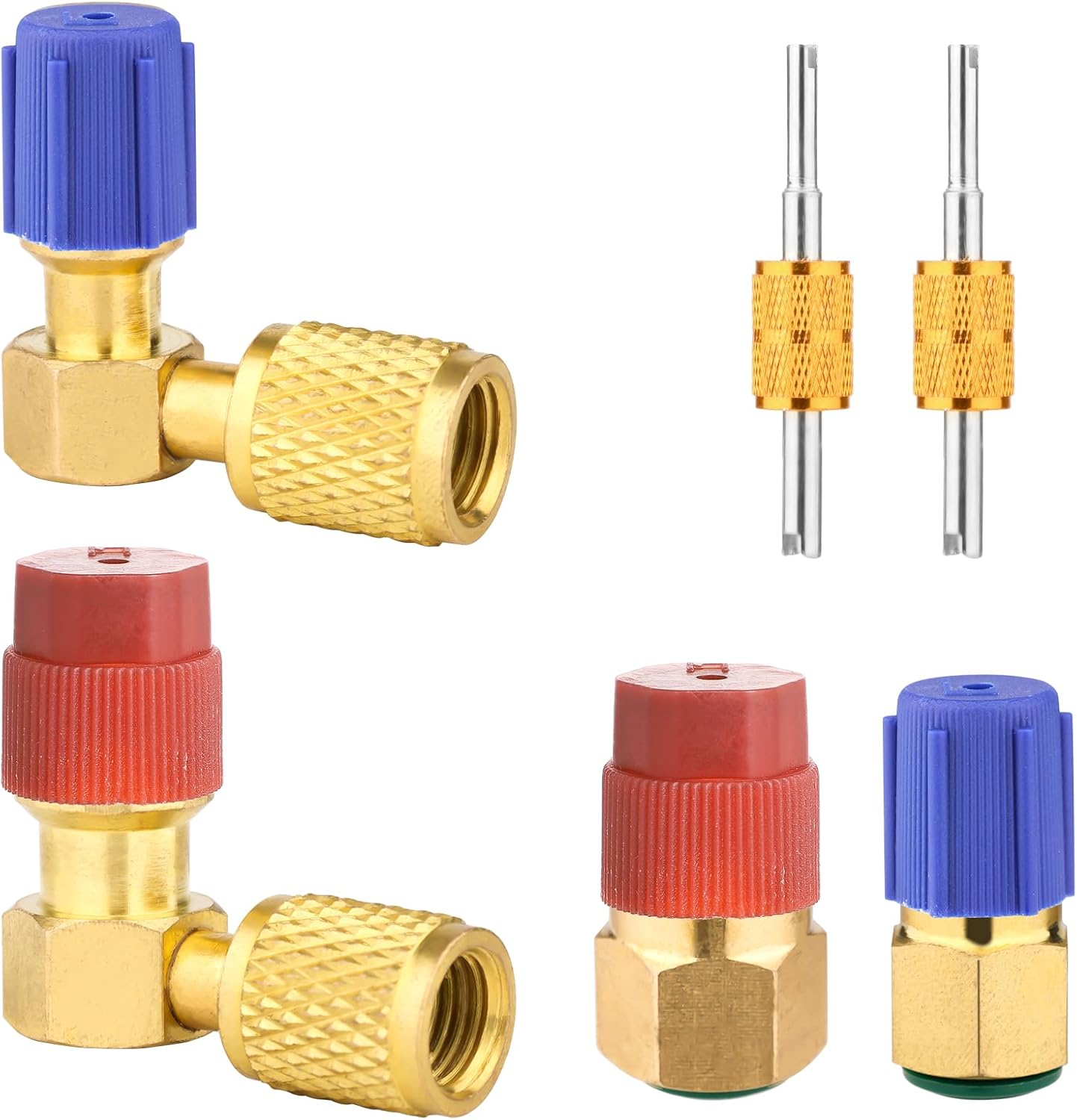 R12 to R134A AC Fitting Conversion Adapter Kit, Quick Connector Valve A/C 90&deg; Port Conversion Adapter High/Low Pressure with Valve Core Remover for AC Air Conditioner (Gold Straight Adapter)
