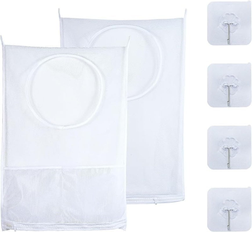 White Hanging Laundry Hamper Bag, 2Pcs White Door Hanging Laundry Hamper Bags,Door-Hanging Mesh Laundry Hamper Bag,Door Hanging Laundry Hamper Bag Clothe Storage Bag,Over Door Laundry Bags with Hooks image number 3