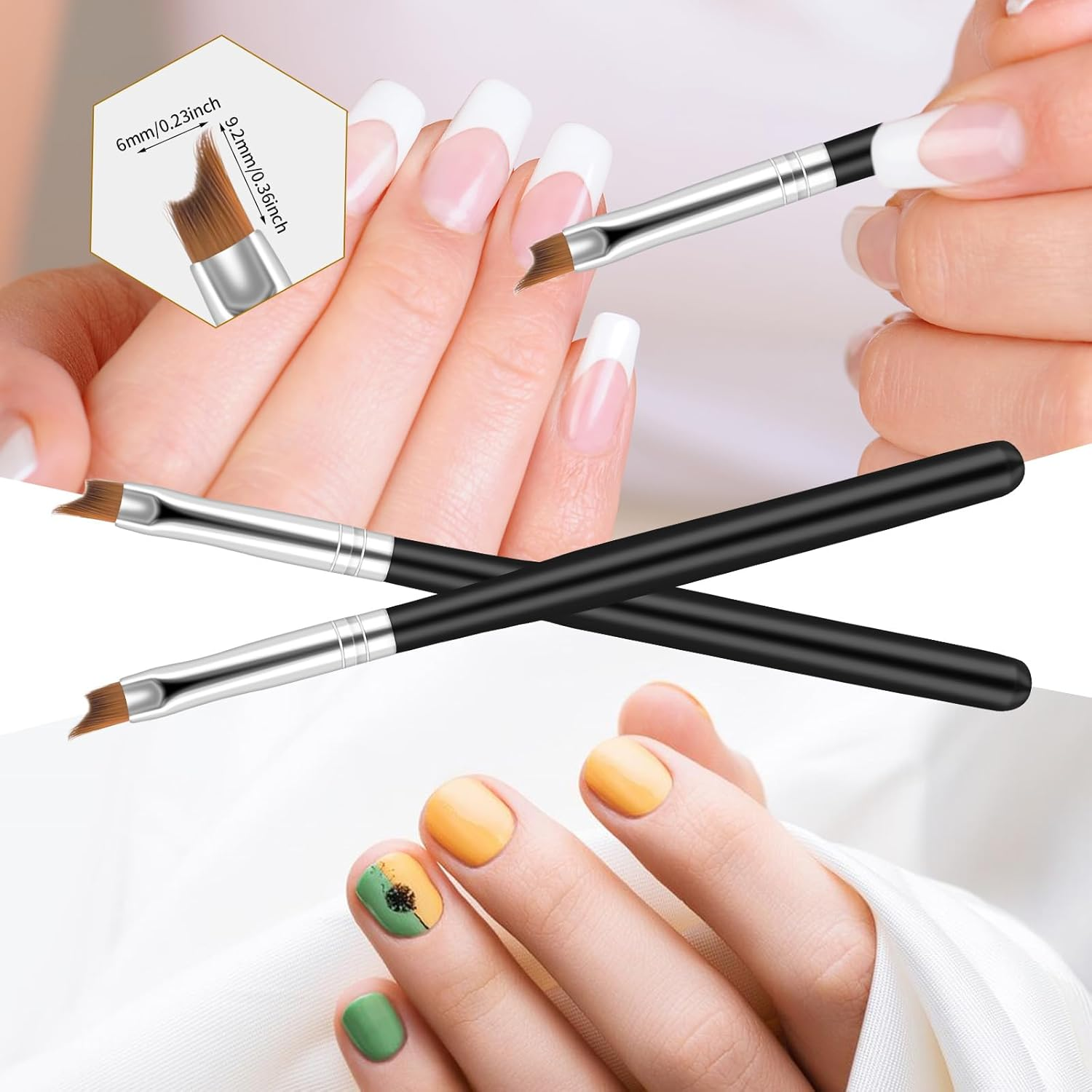 2 Pcs Oblique Head French Tip Nail Brush, Professional French Manicure Brush, Black Handle UV Gel Acrylic Painting Drawing Pen, Manicure Tool(Black) image number 2