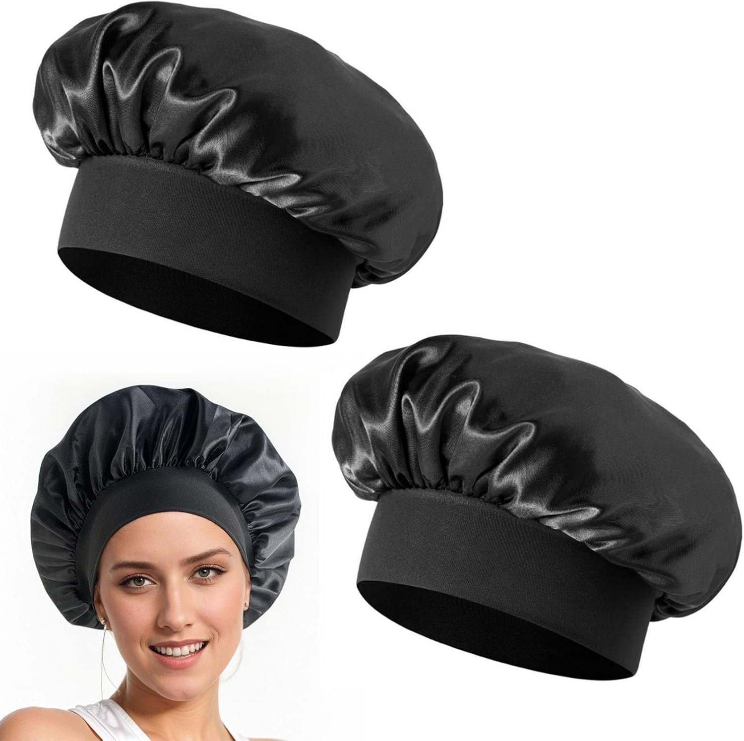 Wesoke 2Pcs Satin Bonnet Silk Bonnets for Sleeping, Women Hair Bonnet for Curly Hair Braids, Large Sleep Cap Reusable Bath Shower Cap for Woman Men (Black) image number 6