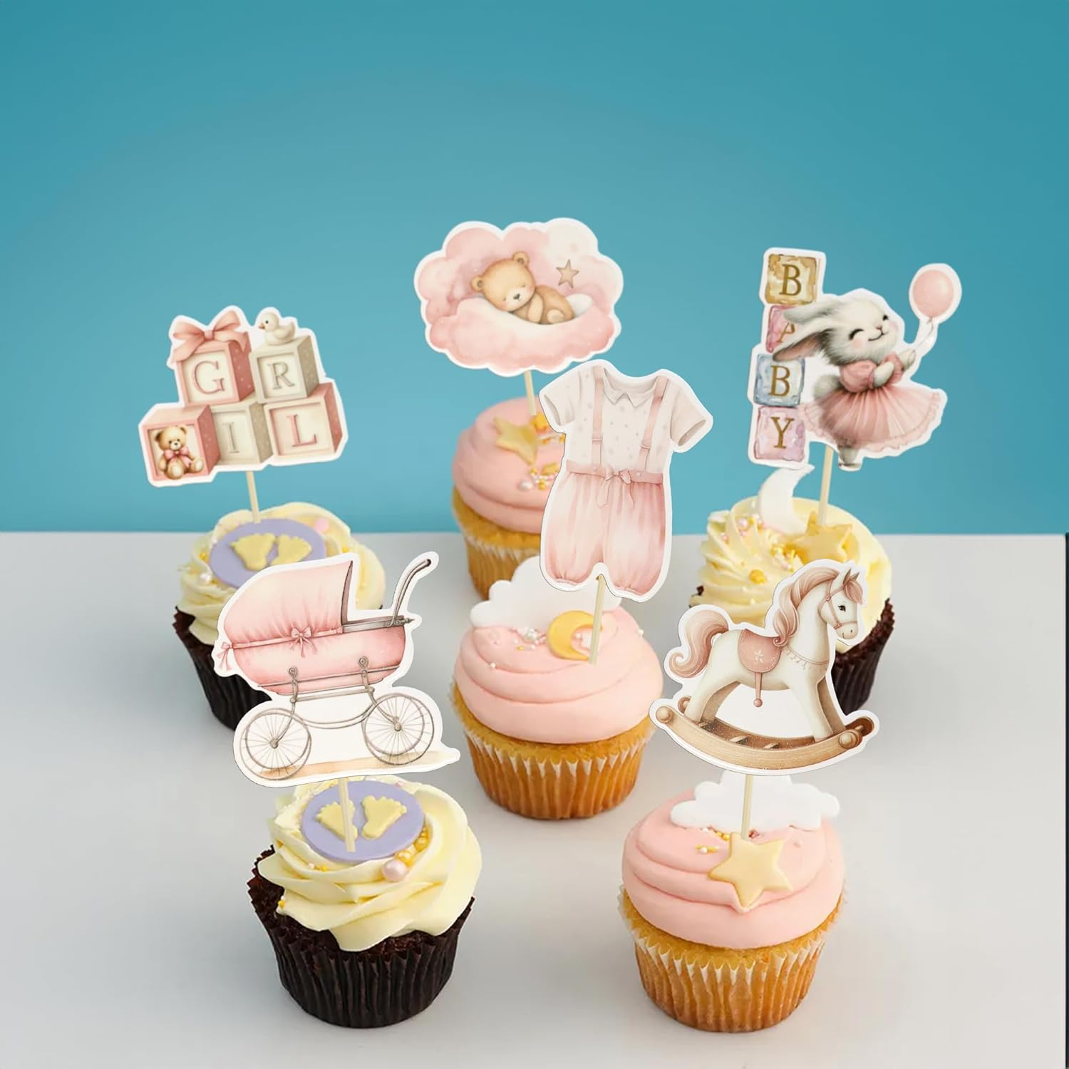 Ephlyn 36Pcs Baby Girl Cupcake Toppers Baby Shower Decorations for Girl Bear It'S a Girl Cupcake Picks Decorations for Baby Girls Birthday Party Cake Decorations Pink - Blue image number 3