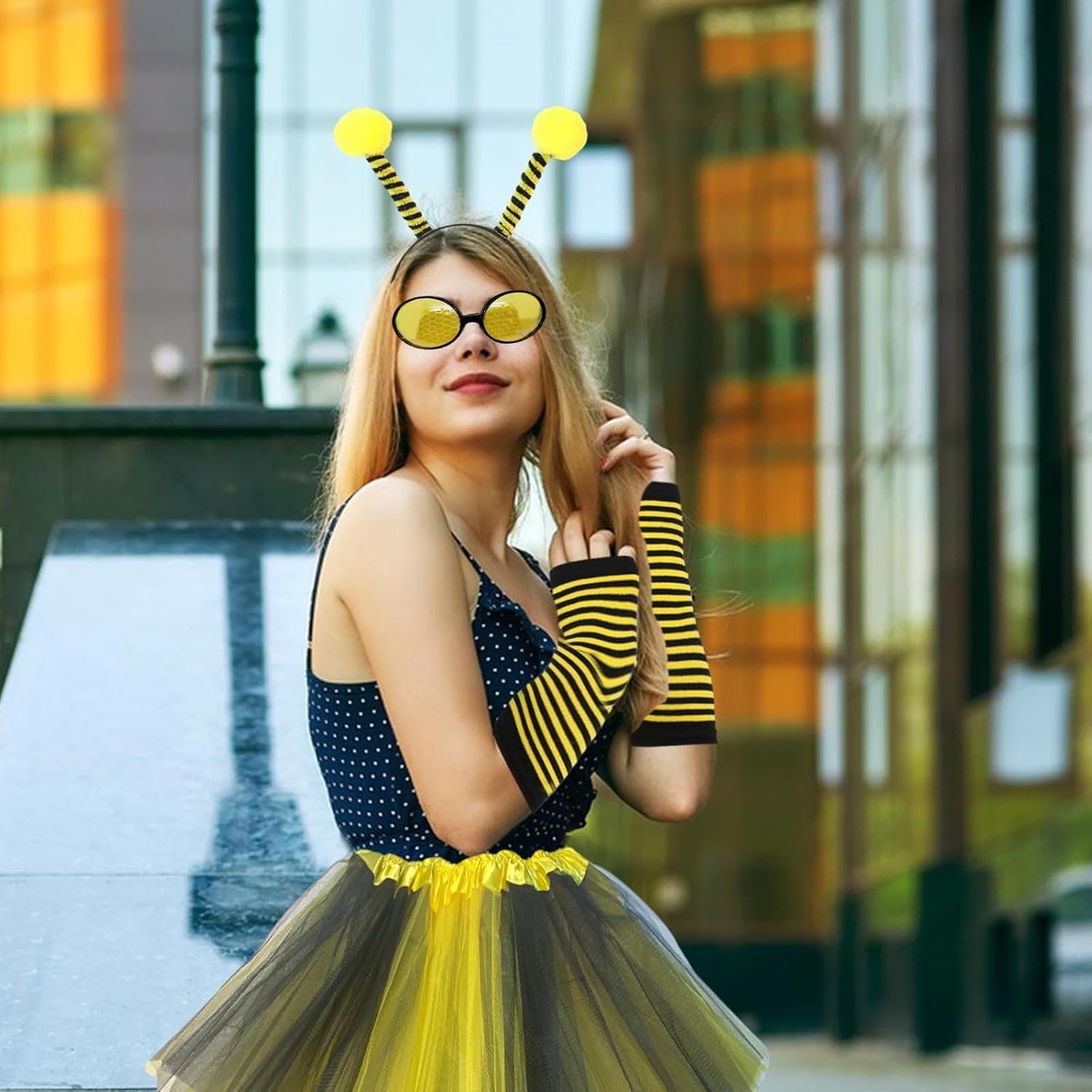 Homiliky 7 Pcs Bee Costume Set for Adults Bumble Bee Fancy Dress Set Including Sunglasses Headband Leg Sleeves Long Gloves Bee Dress for Role Play Cosplay Dress up Party image number 3