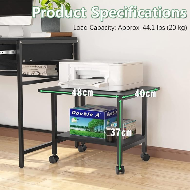 Printer Stand, Desktop Printer Stand with Storage Shelves, Mobile Printer Cart with 4 Wheels, under Desk Printer Table for Printer, Scanner, Fax, 18.9" X 15.7" X 14.6", Black image number 3