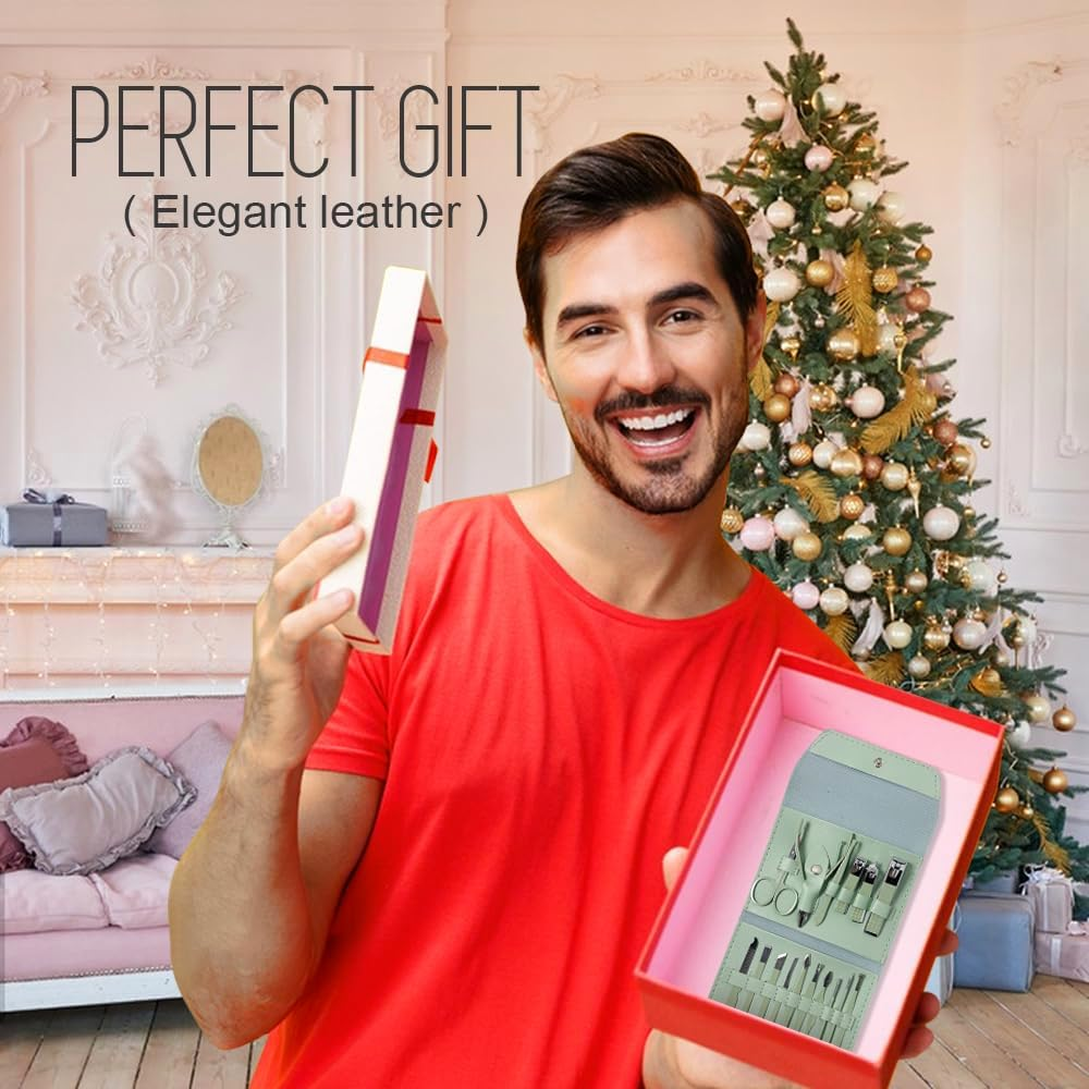 Manicure Set Professional Nail Clippers Pedicure Kit 16Pcs, Portable Stainless Steel Nail Kit Nail Clipper Set Manicure Set, Pedicure Kit Grooming Kit with Brown Leather Case for Men Women (Green)