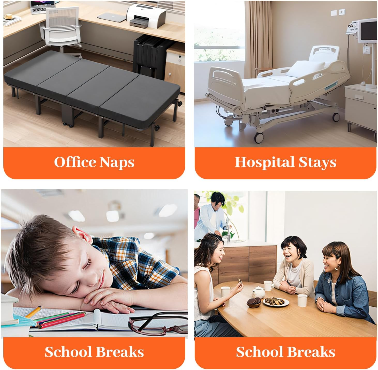 Uandhome Folding Bed with Mattress,4-Fold Rollaway Guest Bed with Twin Size & Metal Frame & Rolling Wheels & Adjustable for Adults Temporary Shelters Home Office Easy Storage(185 * 90 * 22.5Cm)