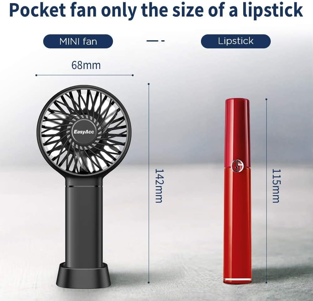 Easyacc Mini Handheld Fan Portable Personal Pocket Fan 5.5-17H 3 Speeds with Lanyard and Detachable Base Cooling Desk Fan for Kids Elderly Women for Travel and Home - 2600Mah Black image number 7