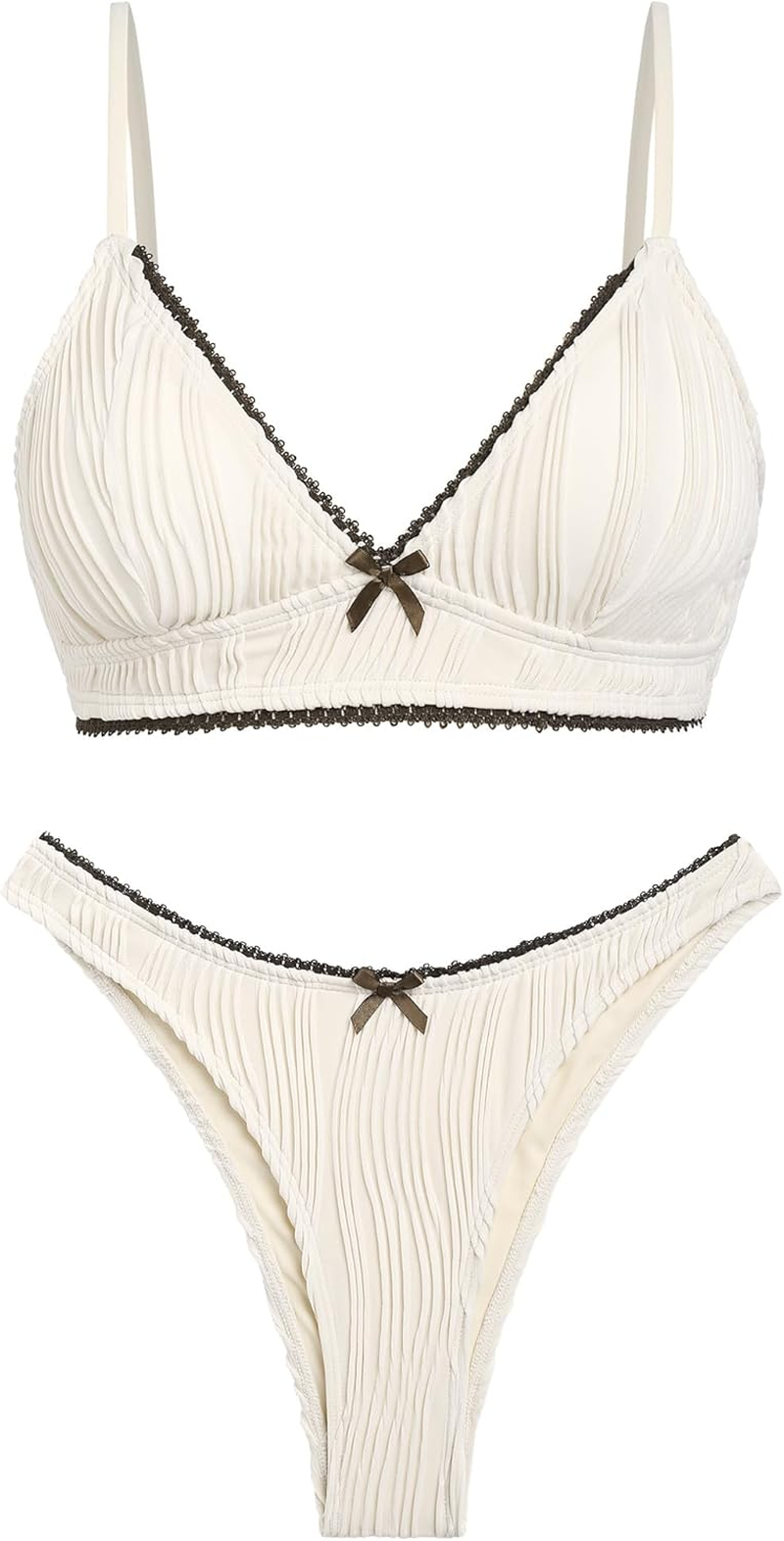 Seamoly Bikini Sets for Women Lace Ribbed Sexy V Neck 2 Piece Swimsuit Bowknot Adjustable Straps Thong Swimwear