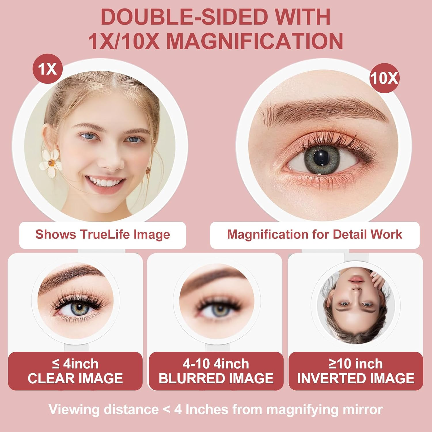 10X /1X Magnifying Mirror with Light, 3 Light Settings, Rechargeable Travel Makeup Mirror with Adjustable Handle/Stand，Folding Double Sided Portable Mirror for Tweezing Travel image number 6