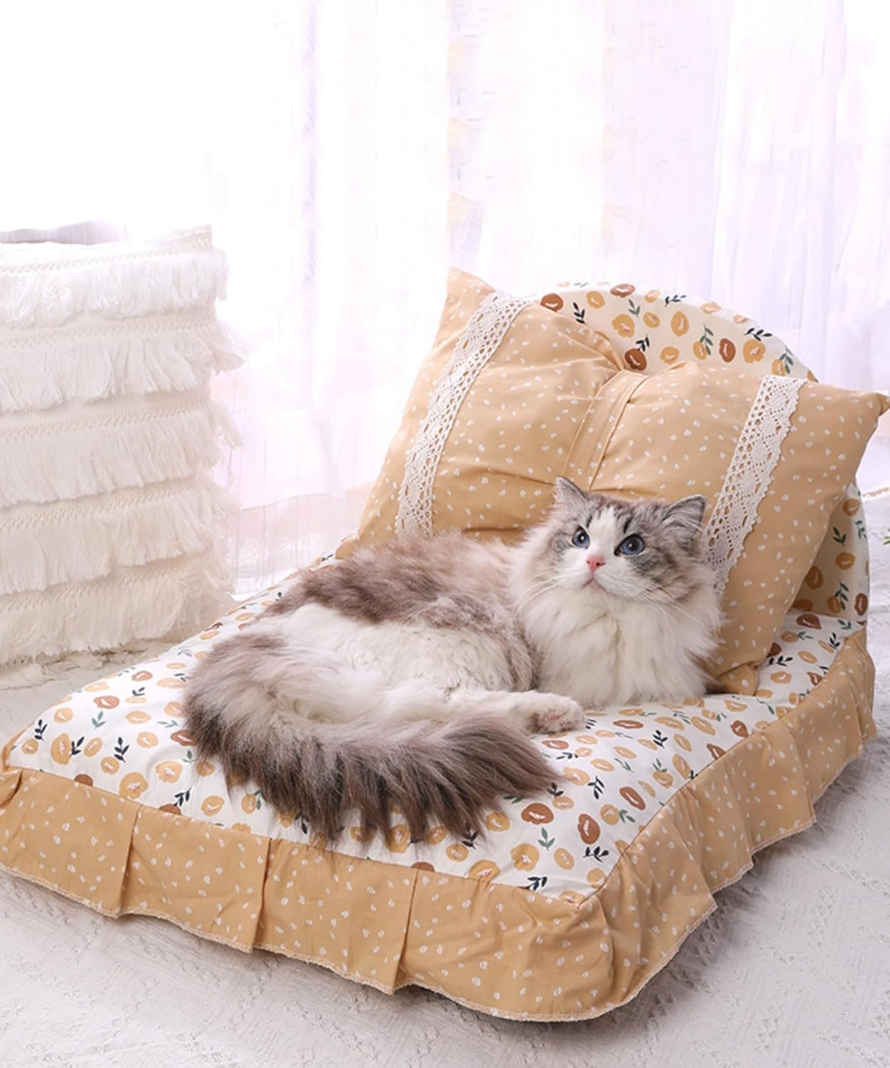 Pet Bed, Fluffy, Cute, Dog, Cat, Stylish, Square, All Seasons, Pet Sofa, Pet, Cushion, Pillow, Princess-Style, Ruffle, Pet Bed with Princess-Style Pillow (Beige) image number 4