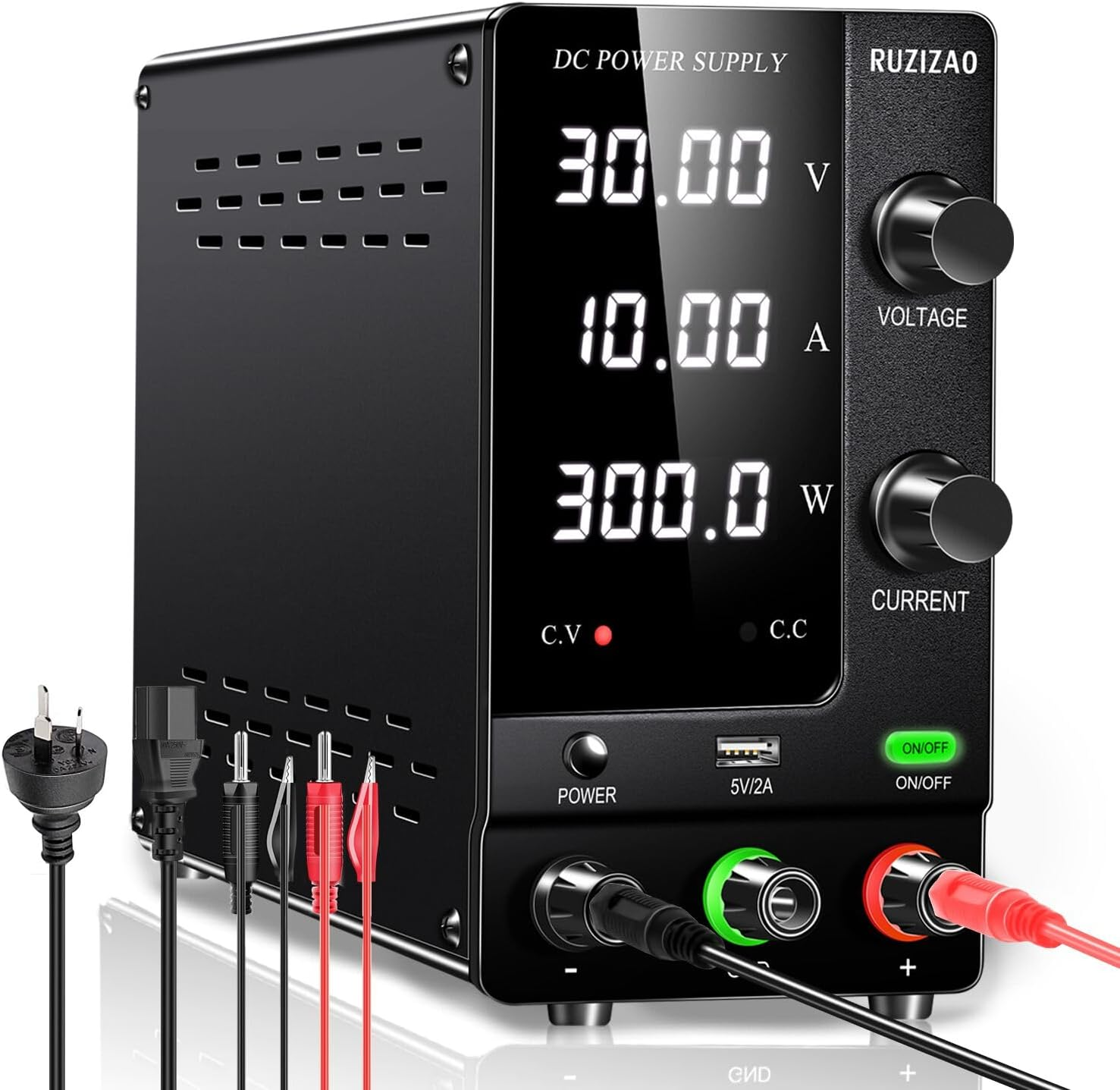 RUZIZAO DC Power Supply Variable, 30V 10A Adjustable Switching Regulated with Encoder Adjustments Knob, Lab Bench Output Button 5V/2A USB Interface Battery Charger (AC 240V) image number 4