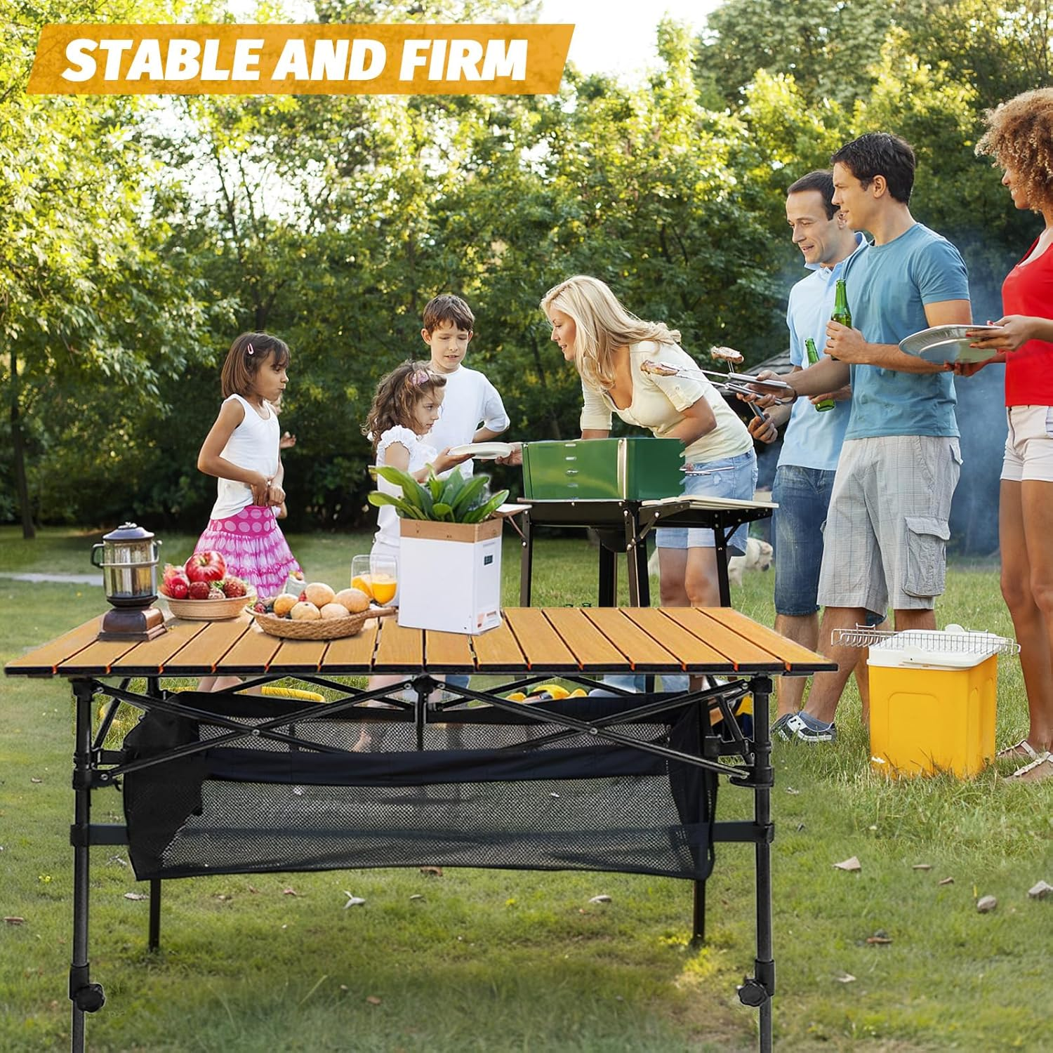 Eqiech Folding Camping Table,Portable Picnic Table,Adjustable Height,Outdoor Egg Roll Table with Storage Basket,Carbon Steel Material,Lightweight,For Hiking,Fishing,Camp,Beach（120 * 55 * 80Cm） image number 5